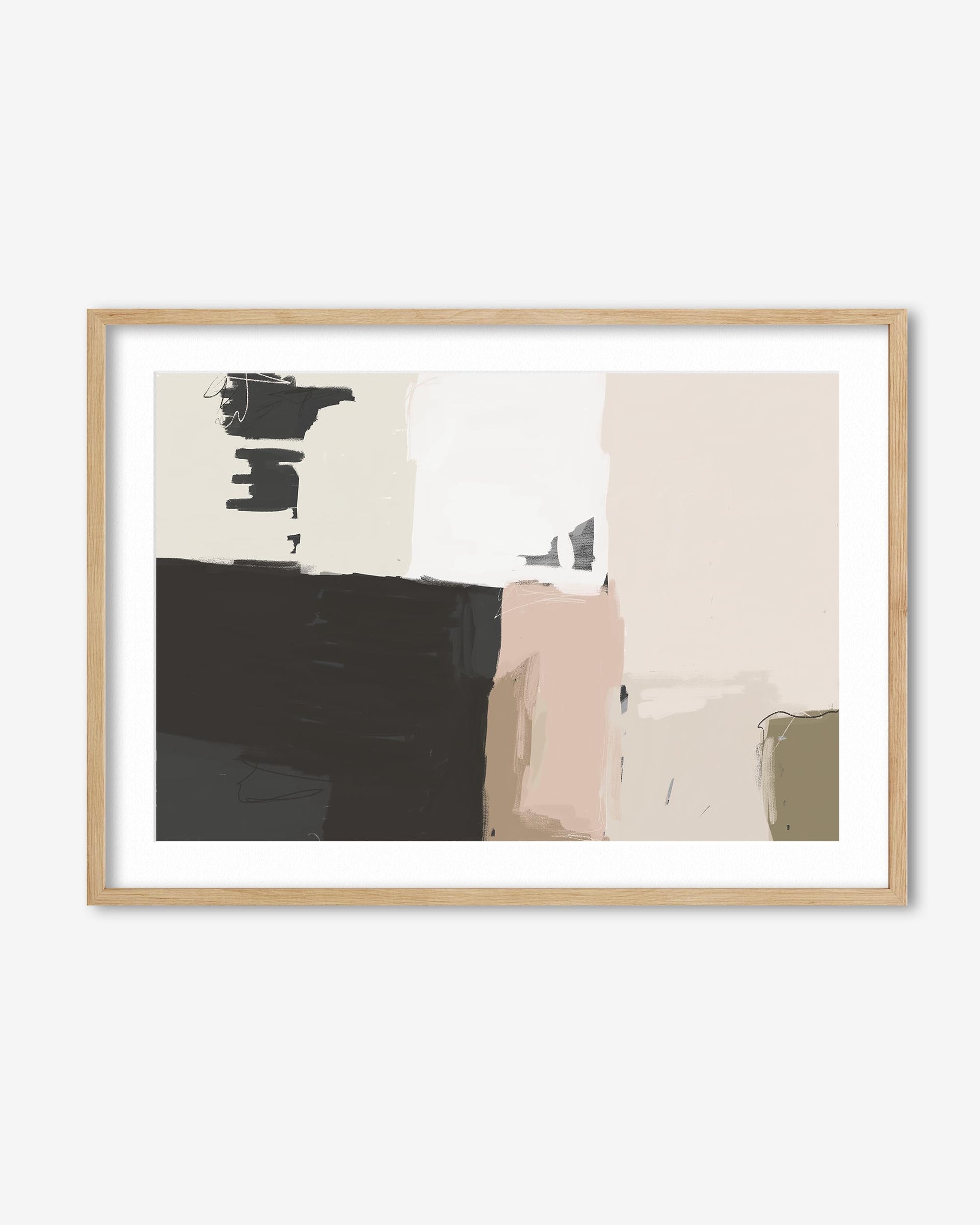 Framed abstract art print with black, white, and beige colors on a white background