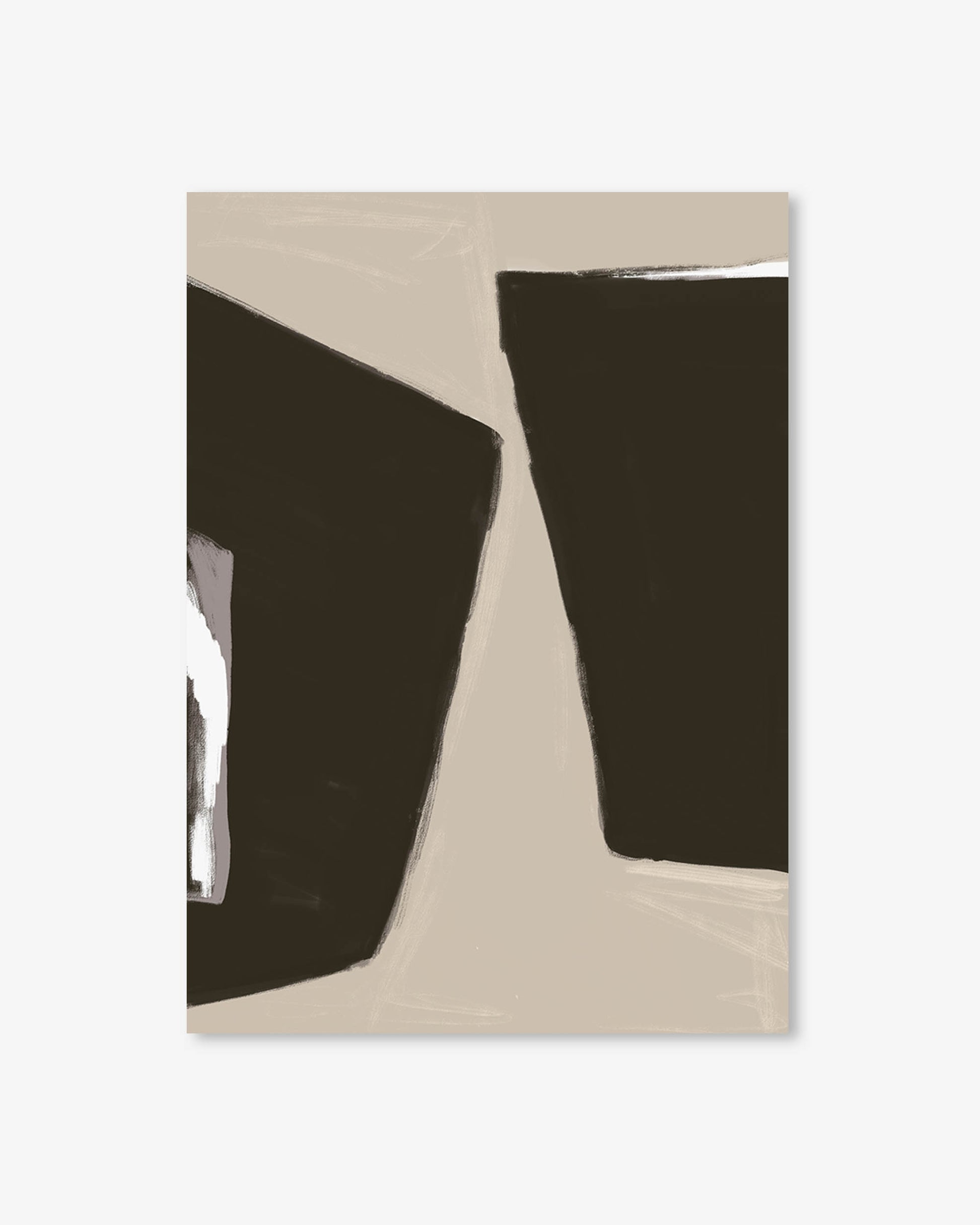 Abstract art piece with black shapes on a beige background