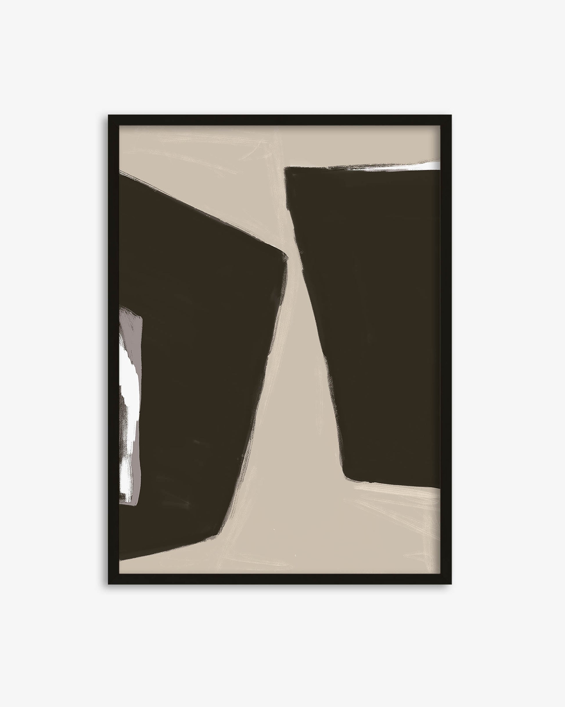Abstract art print with black and beige shapes on a white background