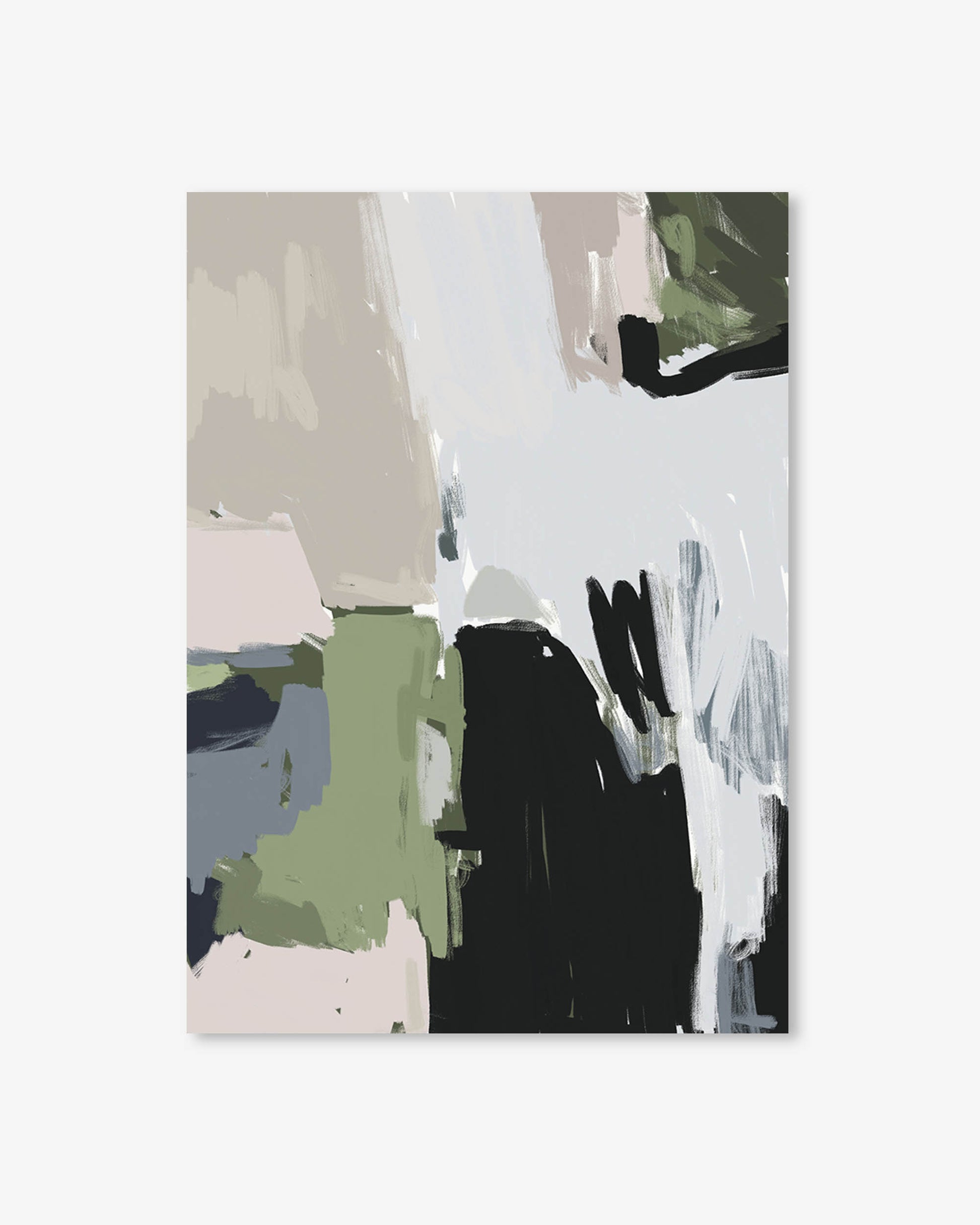 Abstract art print with splashes of green, black, and beige on a white background