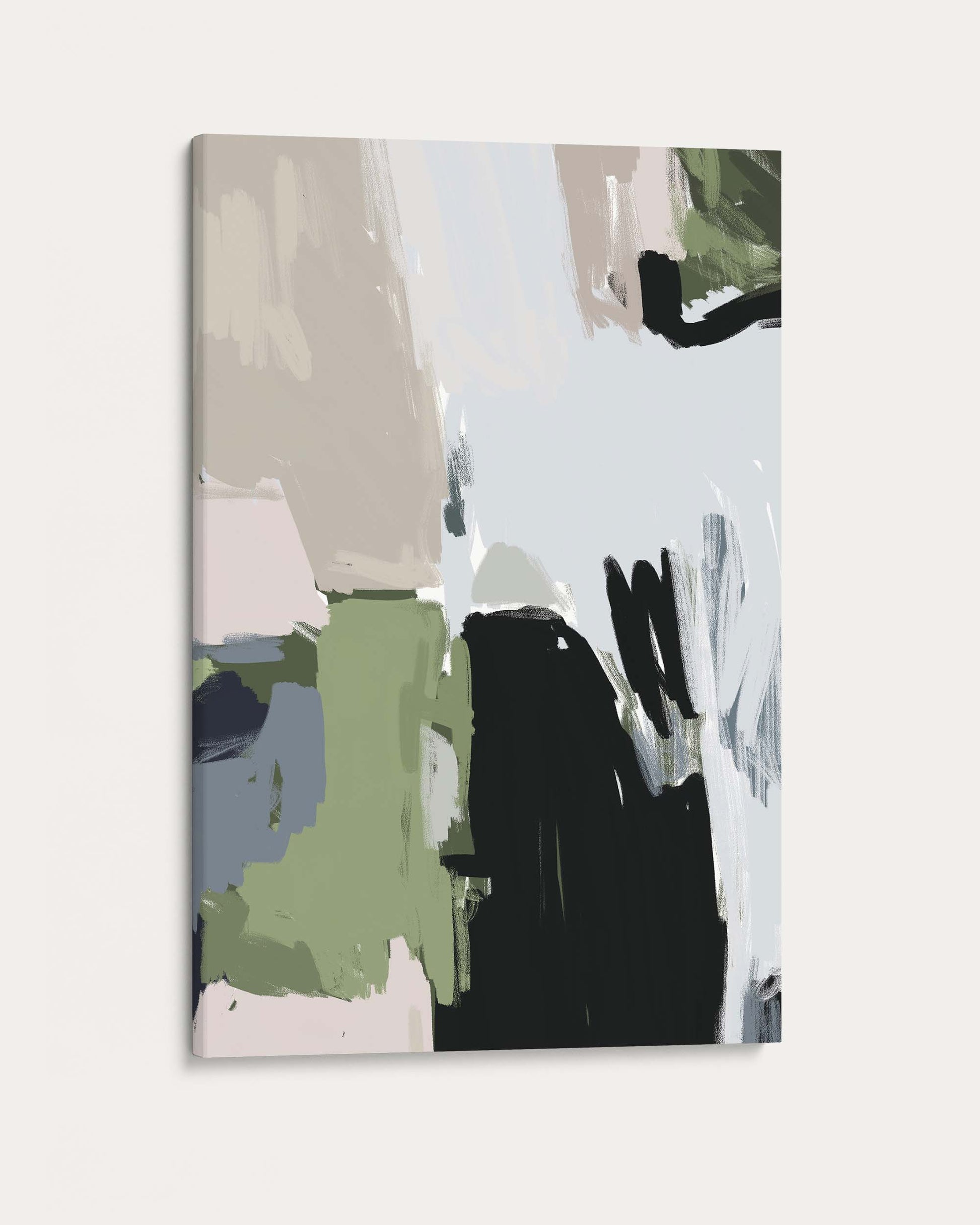 Abstract art print with geometric shapes in green, black, and white on a light gray background