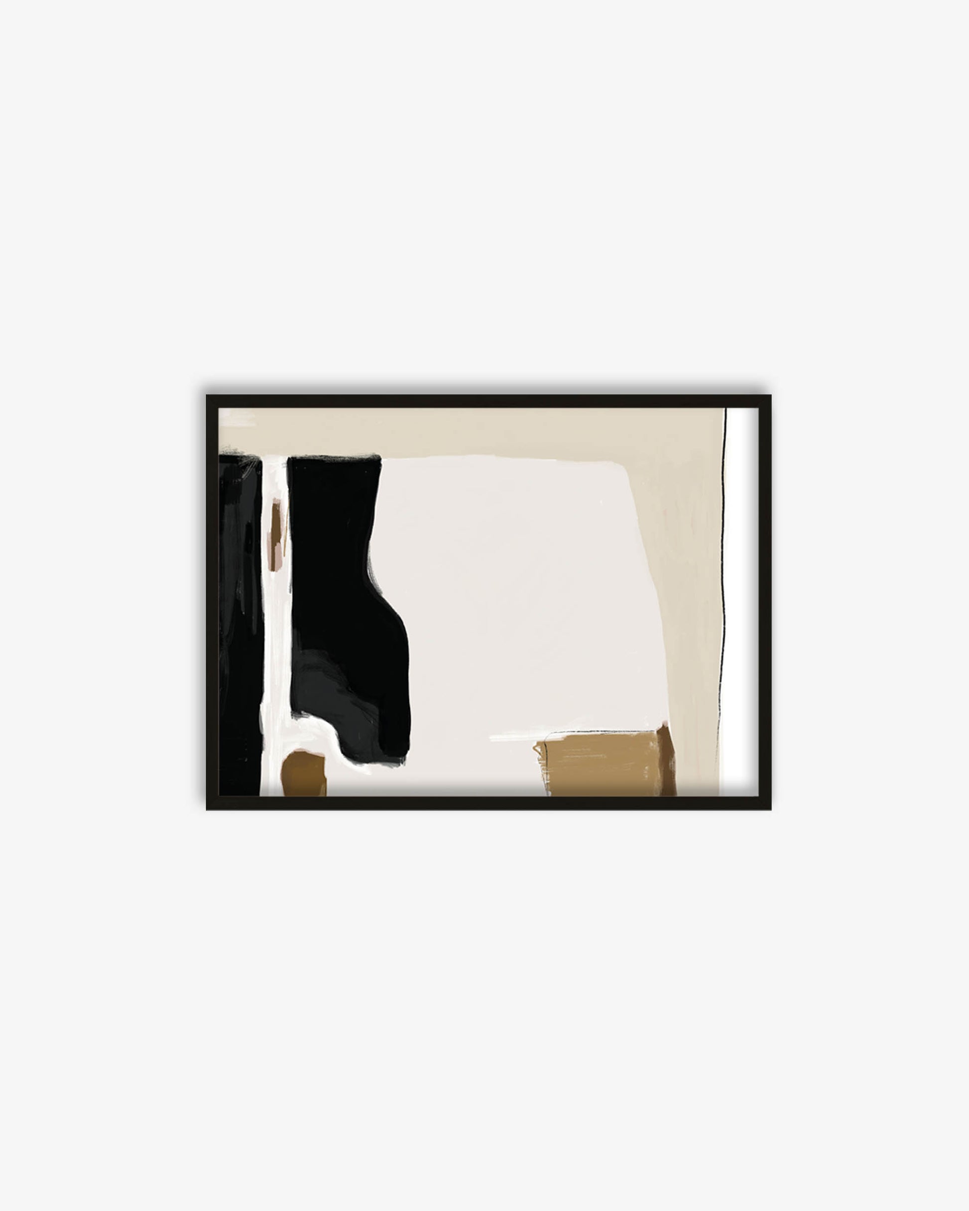 Framed abstract art piece with black, white, and beige colors on a white background