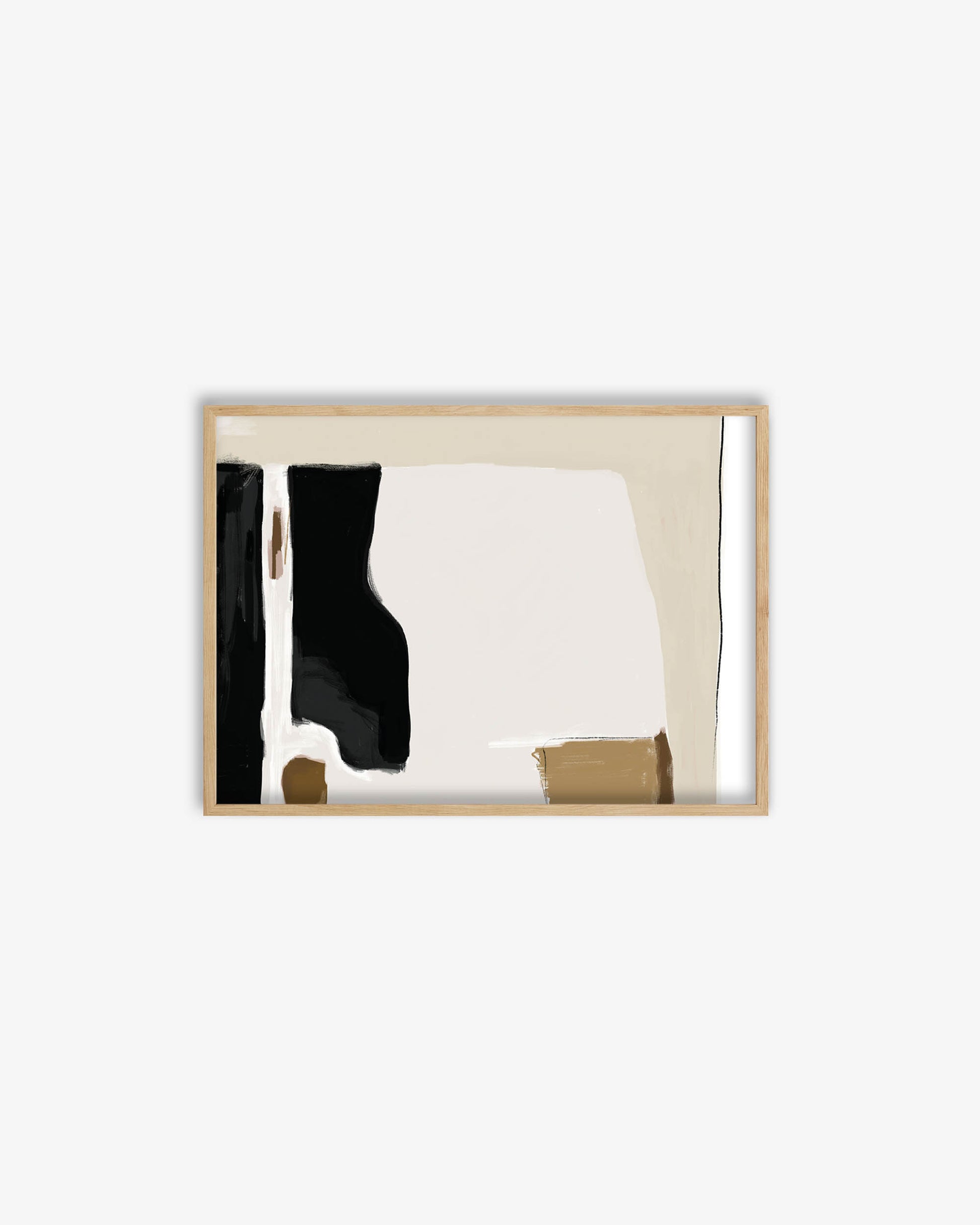 Framed abstract art piece with black and beige elements on a white background