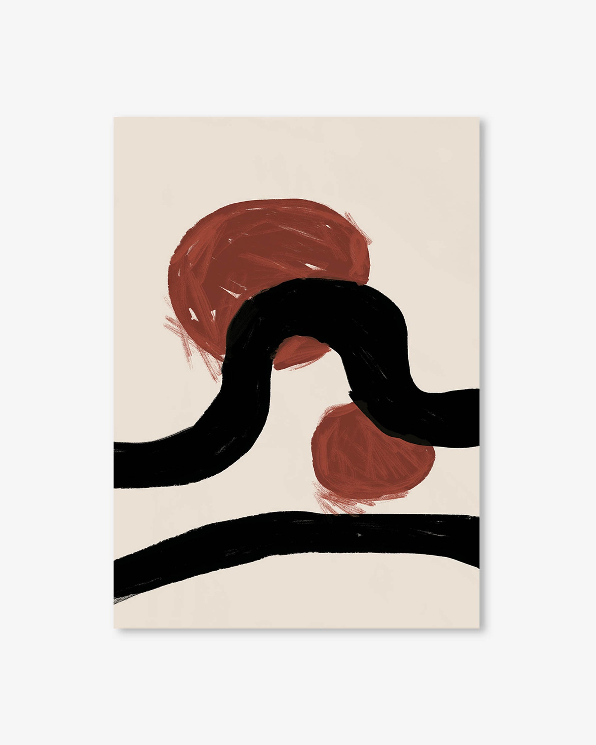 Abstract art print with black wavy line and red circular shapes on a beige background