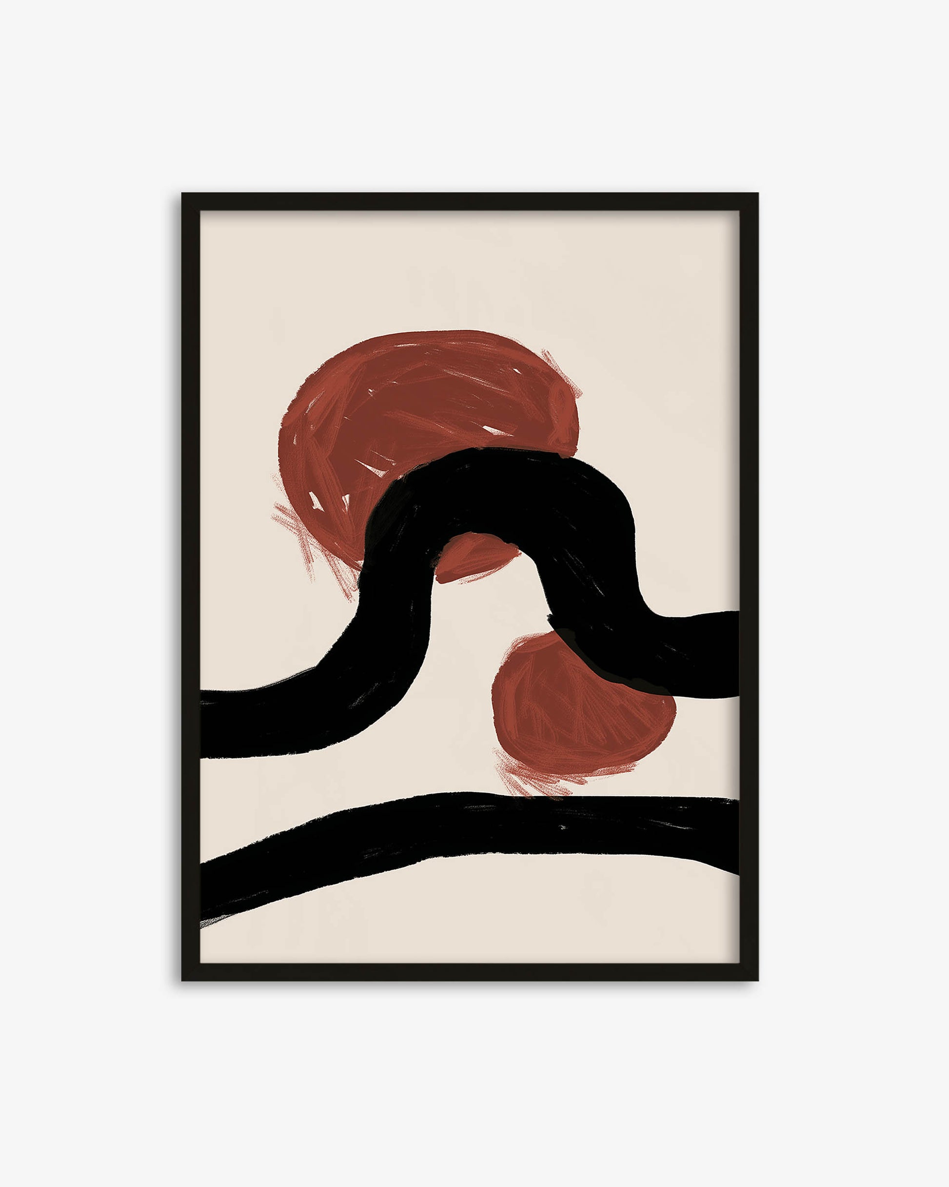Framed abstract art print with black and red shapes on a beige background