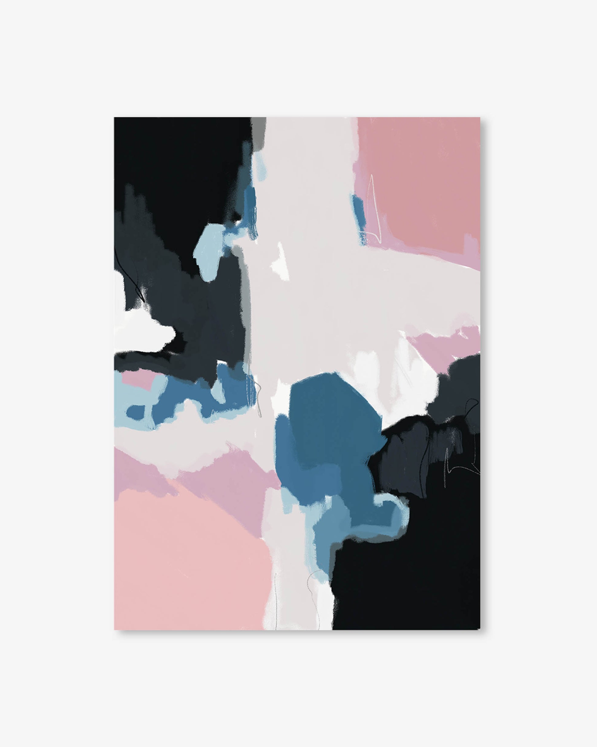 Abstract art print with black, blue, pink, and white colors on a light gray background
