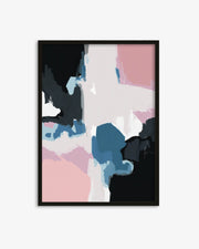 Abstract art print with black, blue, pink, and white colors in a black frame on a white background.