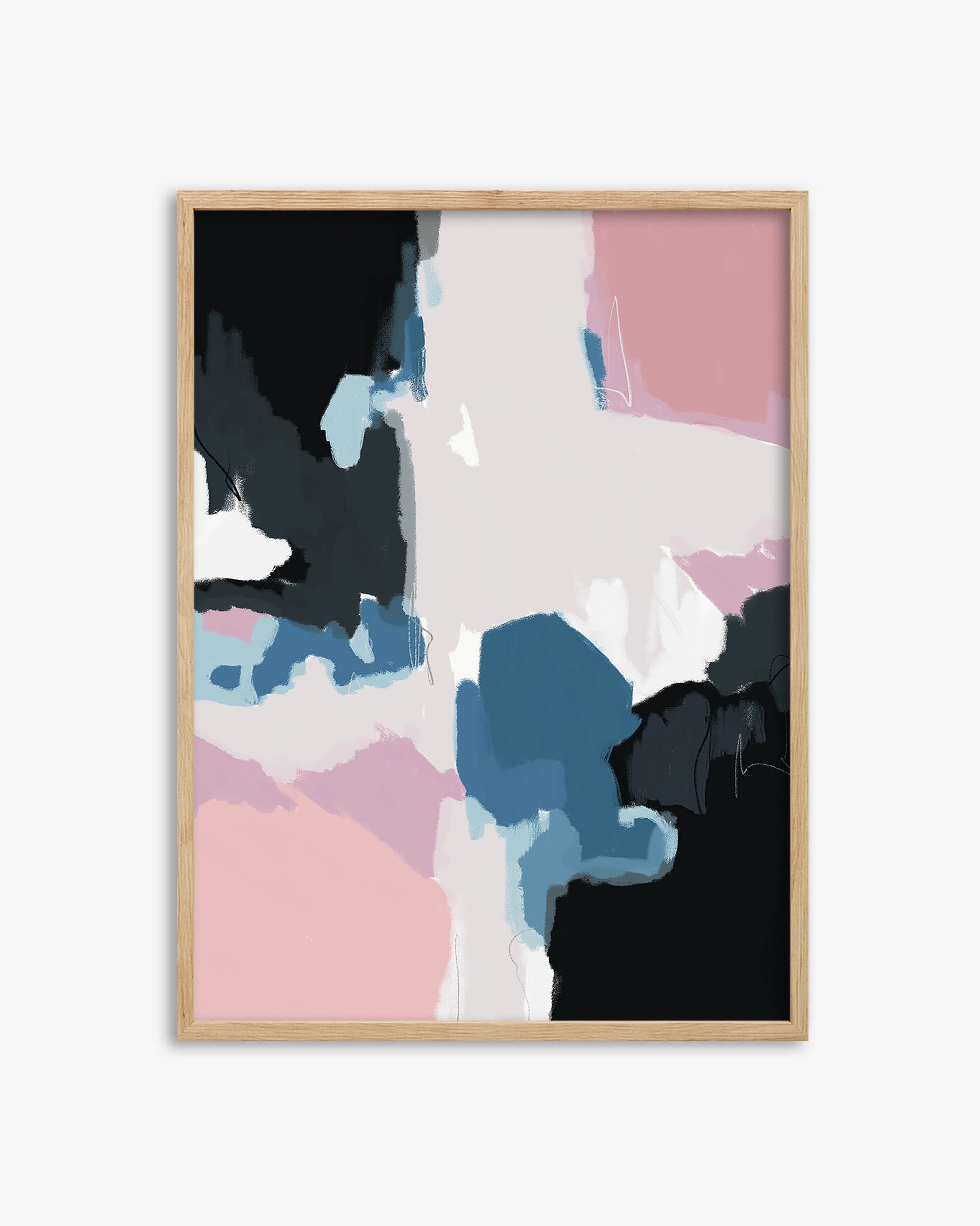 Abstract art print with black, blue, pink, and white colors in a wooden frame on a light gray background.