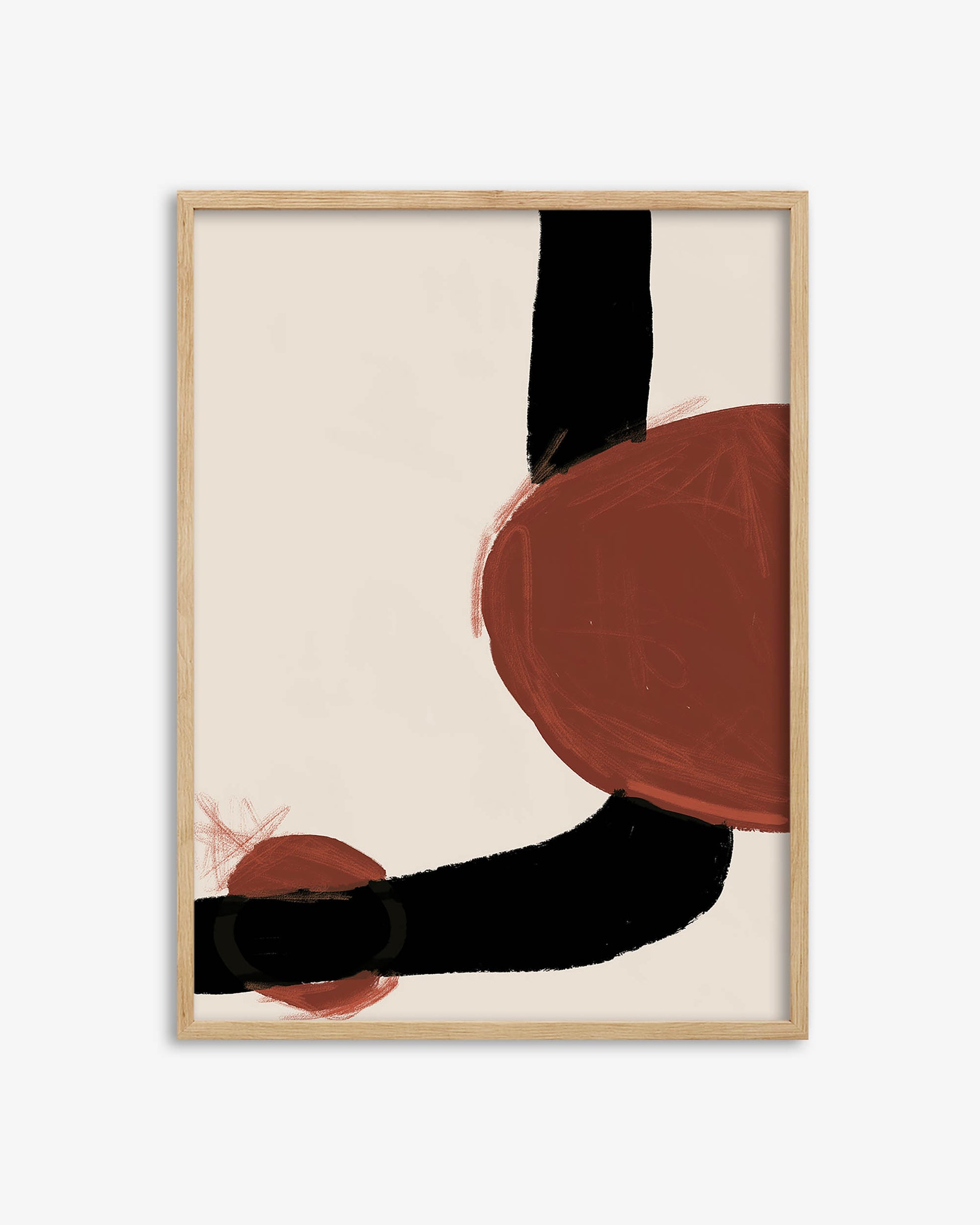 Abstract art print with black, red, and beige shapes in a wooden frame on a white background