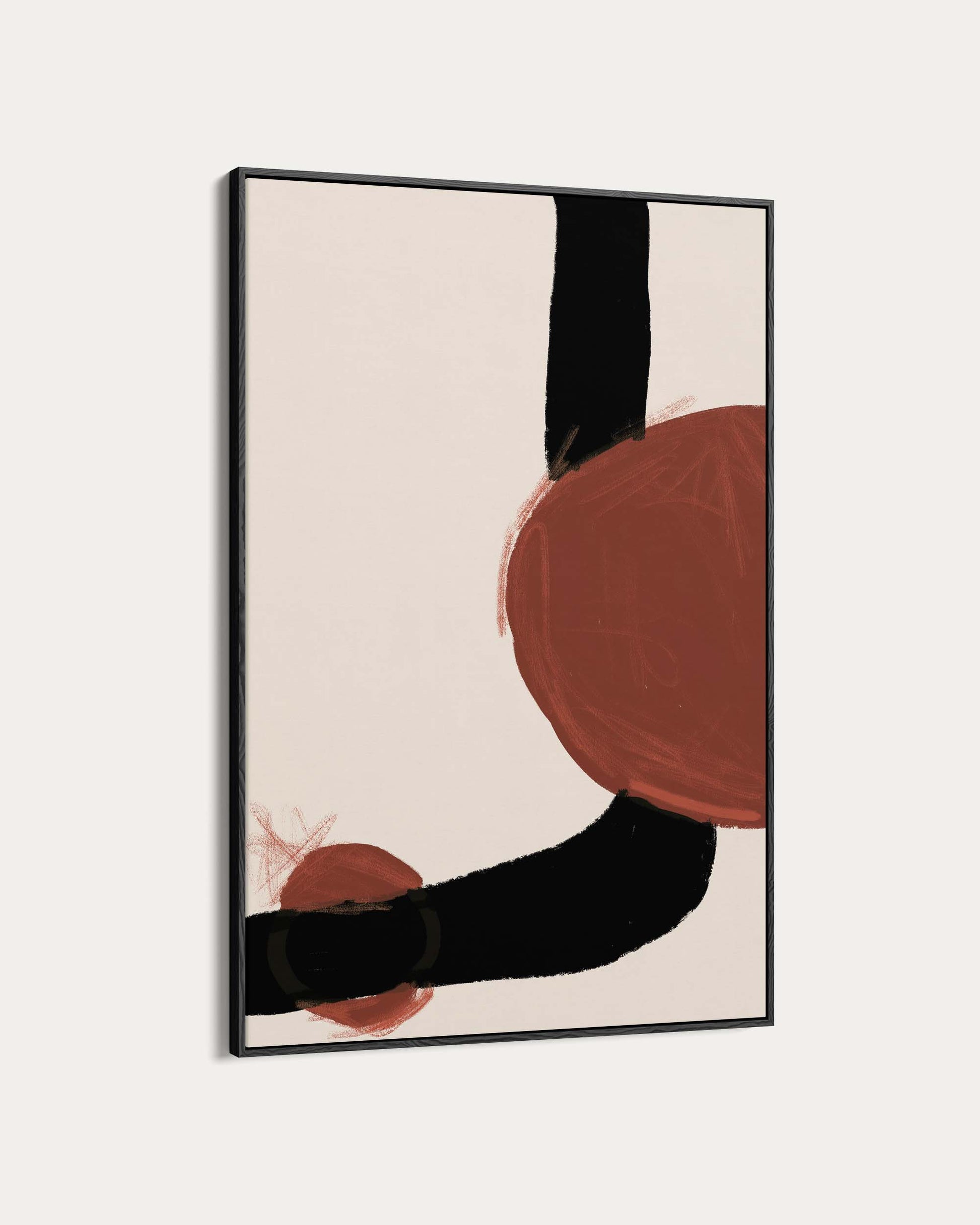 Abstract art print with circular shapes in brown and black on a beige background