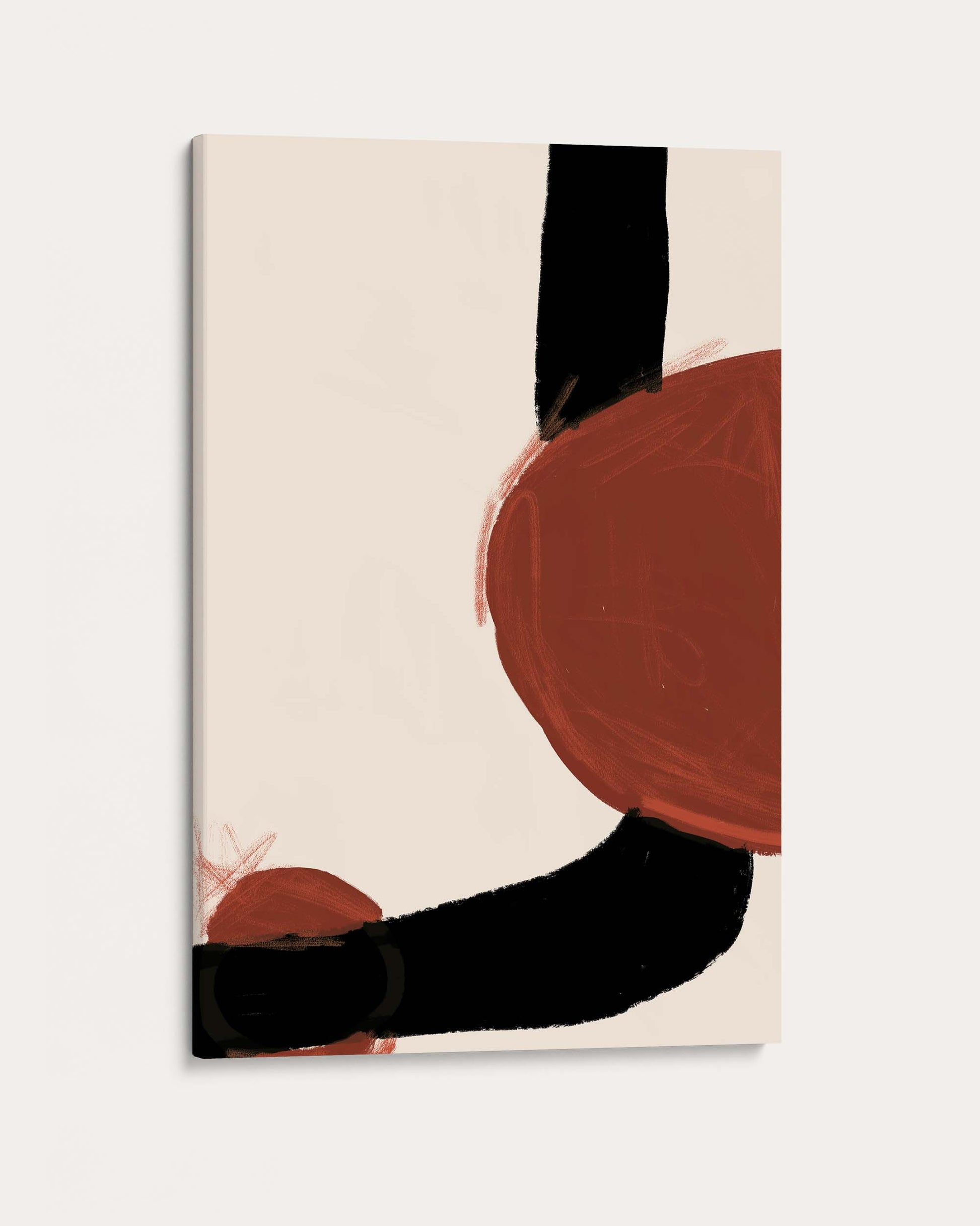 Abstract art piece with red, black, and beige shapes on a beige background