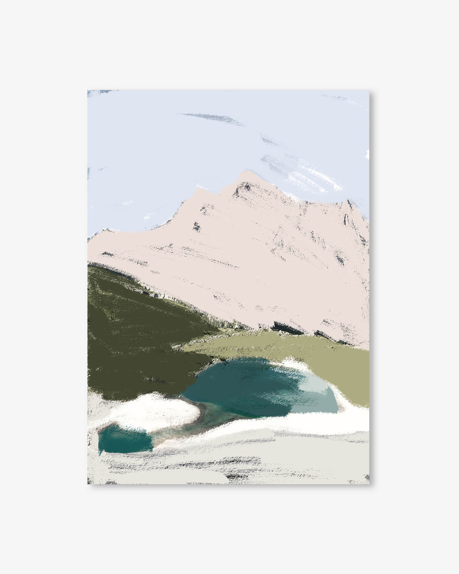 Abstract art print of a mountain landscape with green, brown, and blue colors on a light blue background.