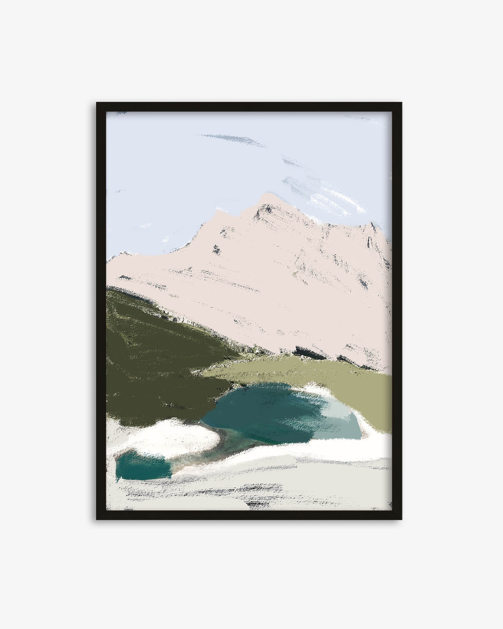 Framed artwork of a mountain landscape with a lake on a white background