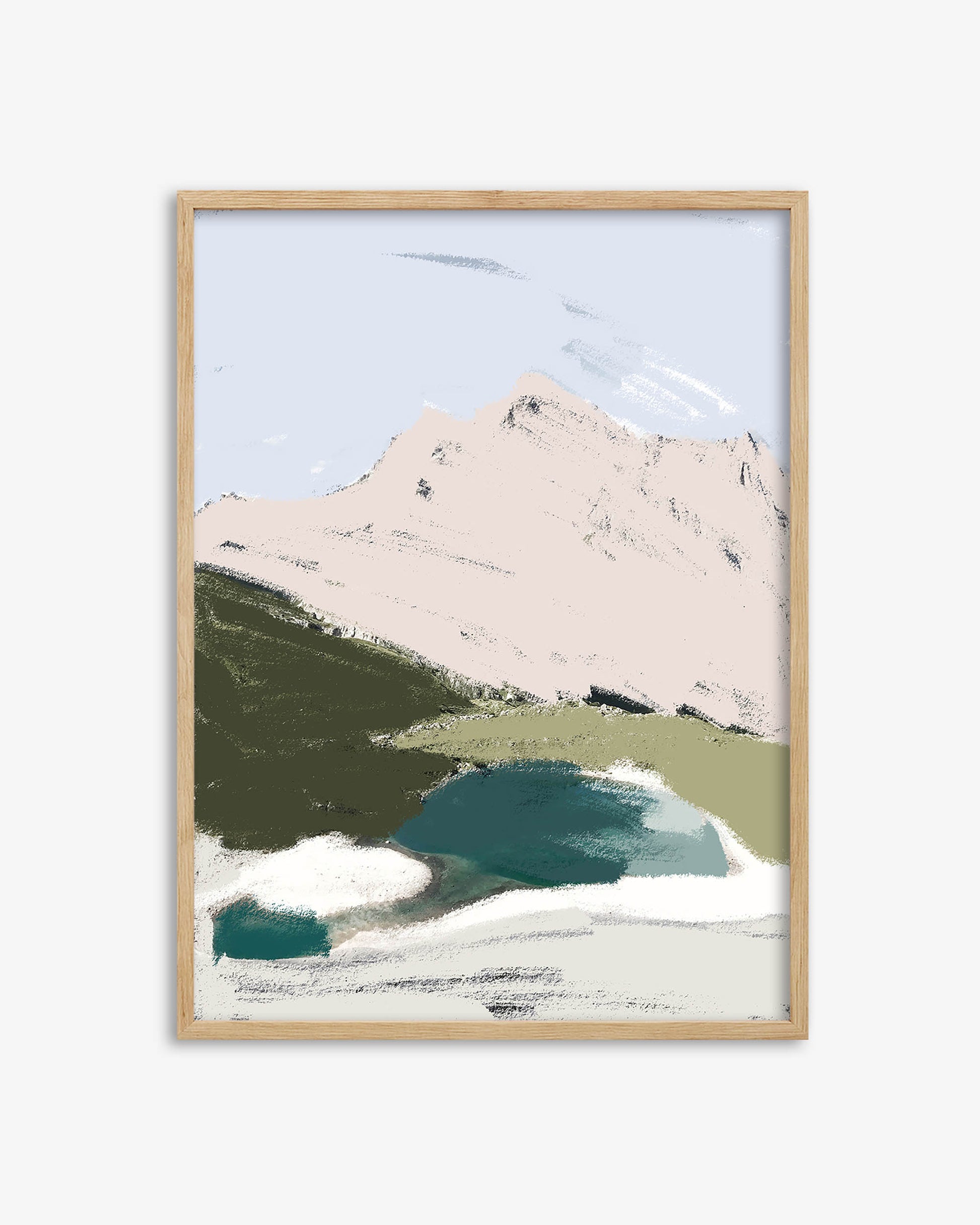 Framed abstract art print with mountain and landscape design on a white background