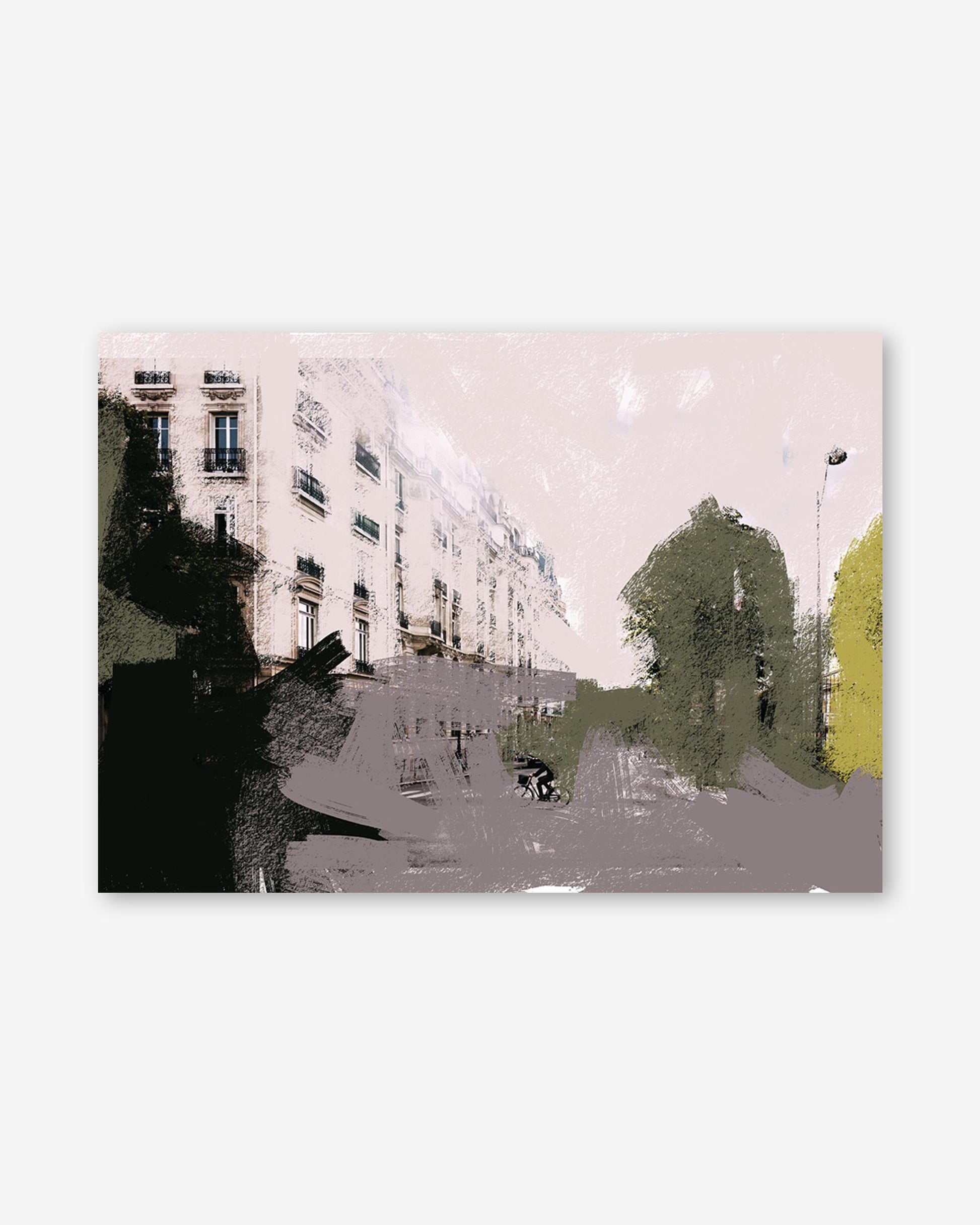 Artistic depiction of a city street with buildings and trees on a white background