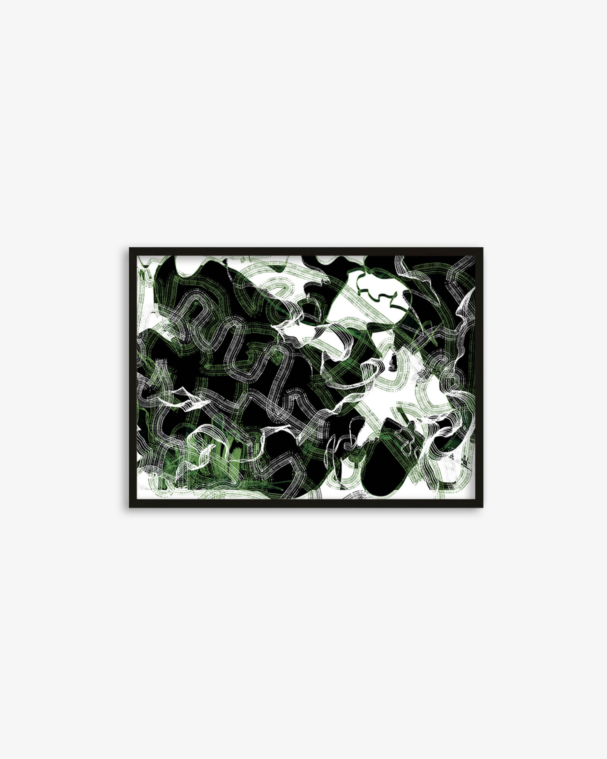 Framed abstract artwork with black, white, and green colors on a white background