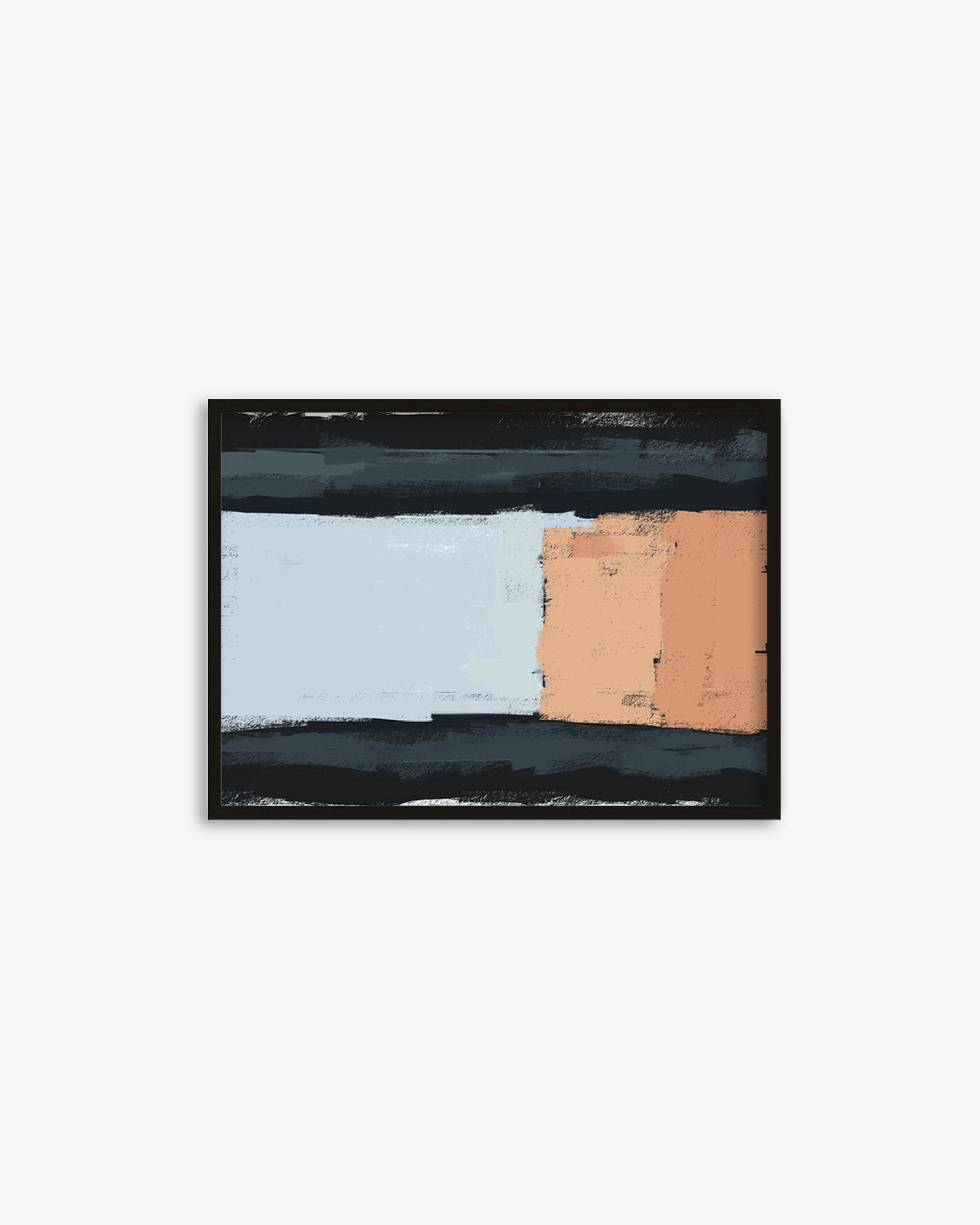 Abstract painting with black, blue, and peach colors on a white background
