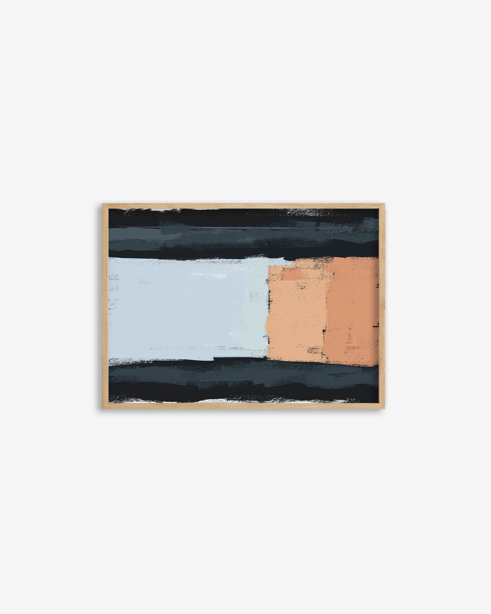 Framed abstract art with black, white, and peach colors on a light gray background