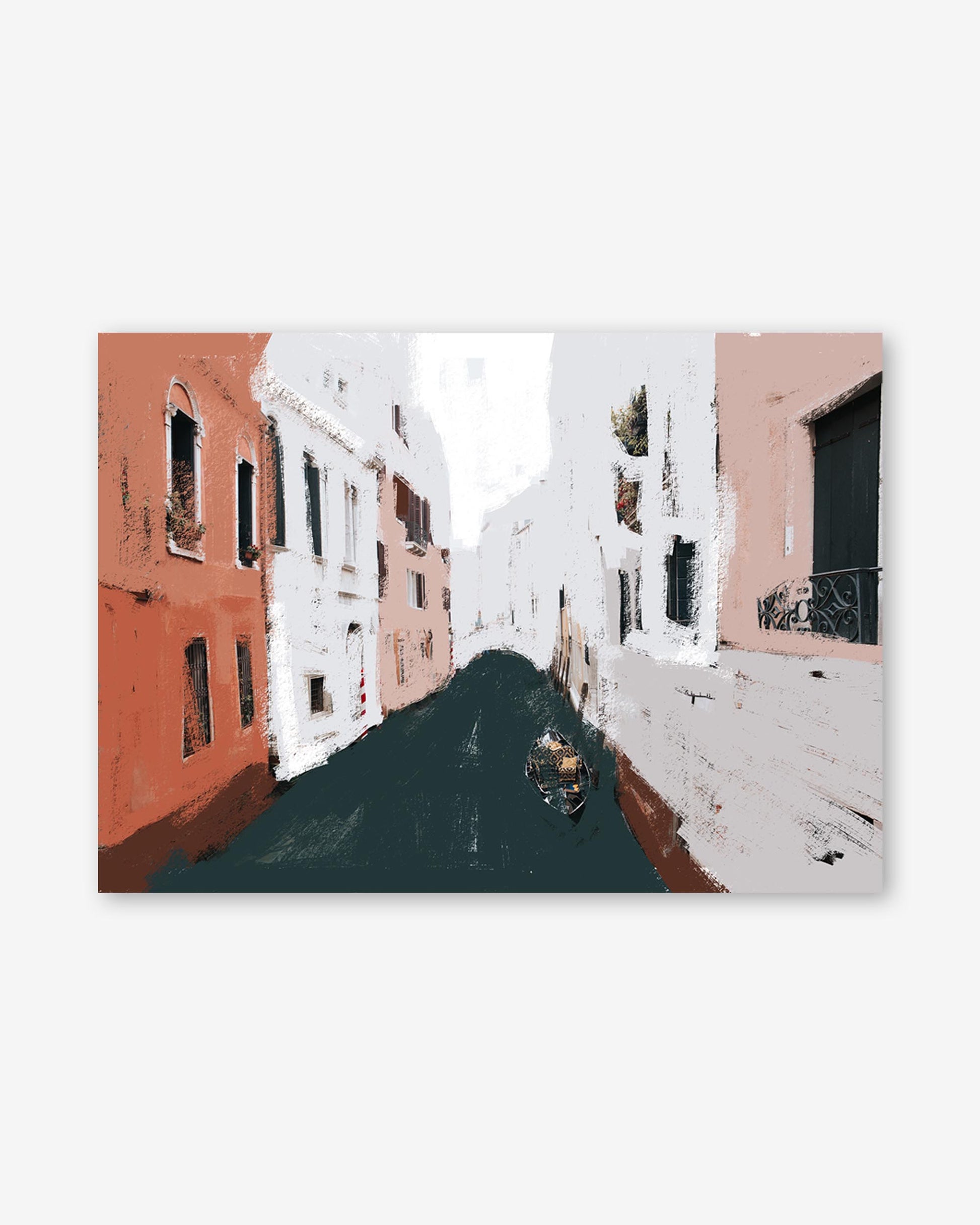 Venetian canal with gondola between colorful buildings