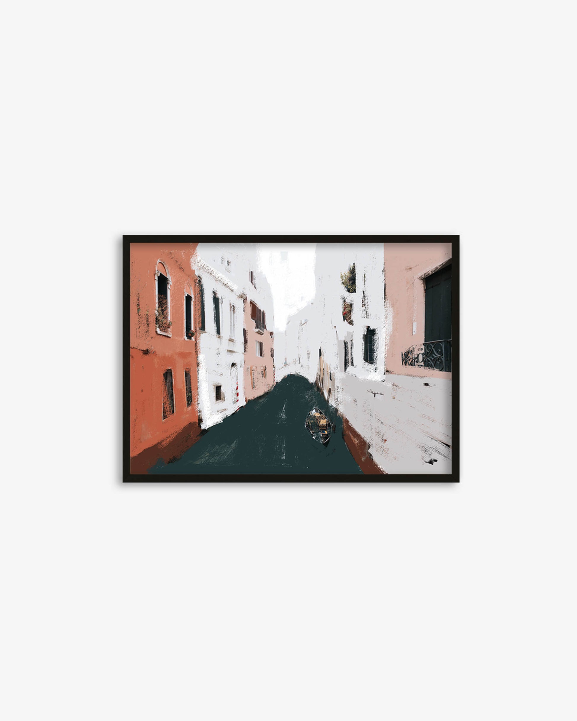 Framed artwork of a narrow street with buildings on a white background