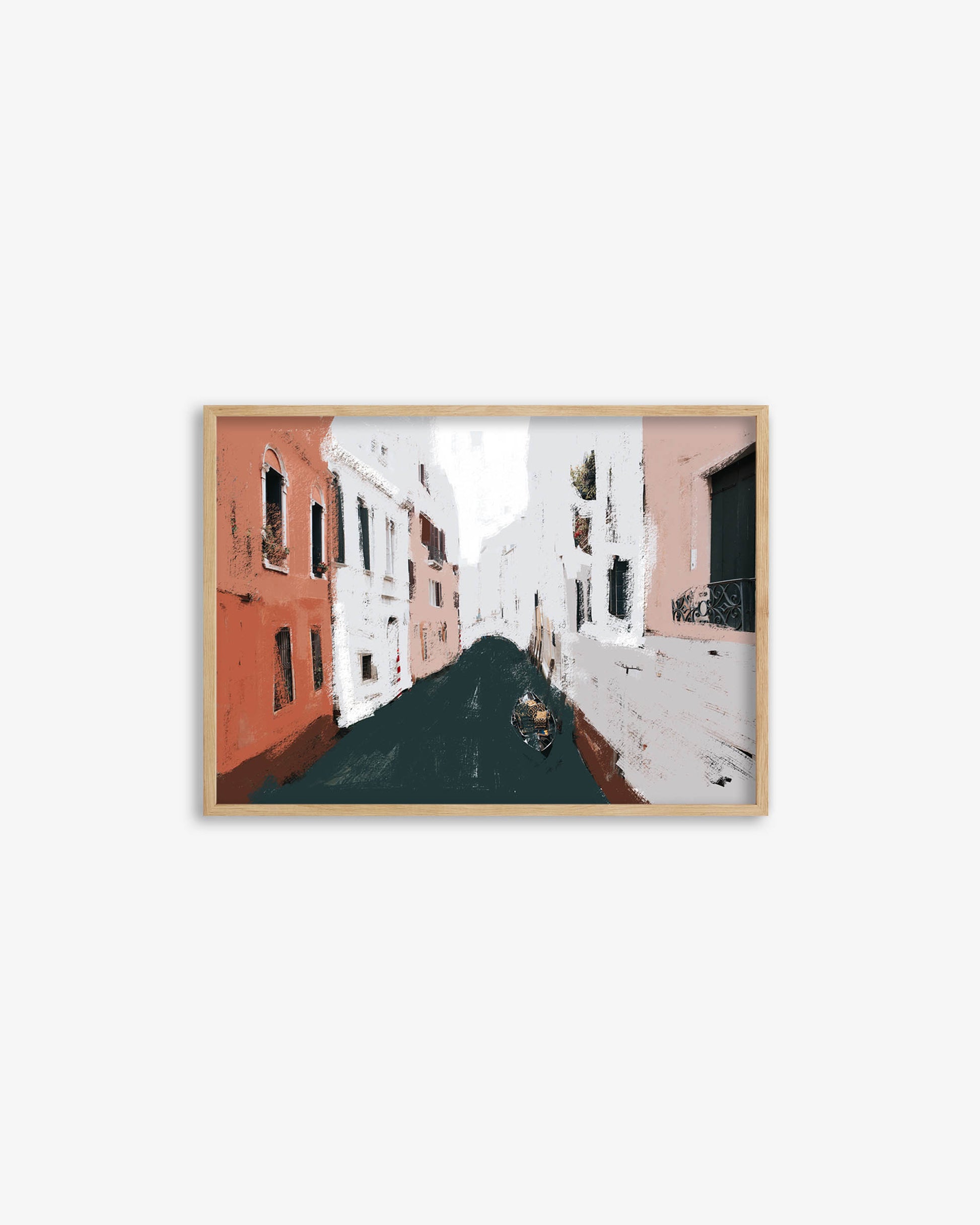 Framed artwork of a street scene with buildings and a person on a white background