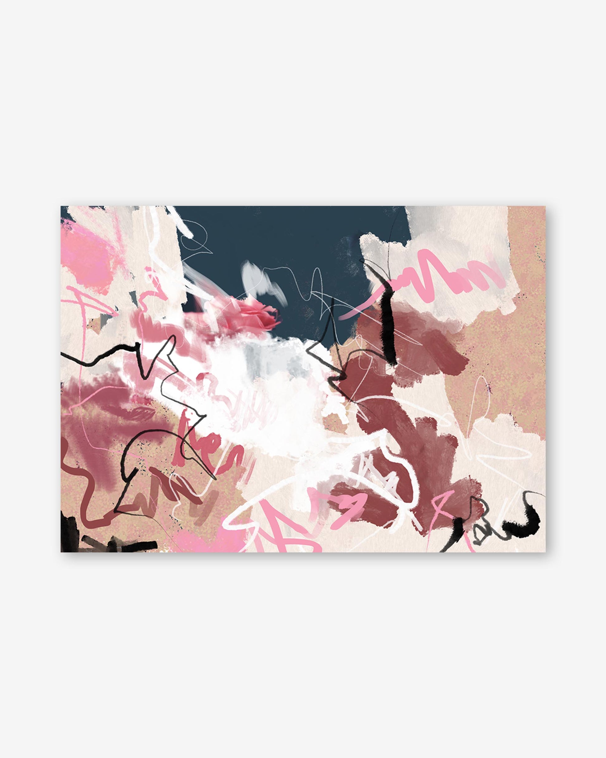 Abstract art print with pink, black, and white abstract shapes on a beige background