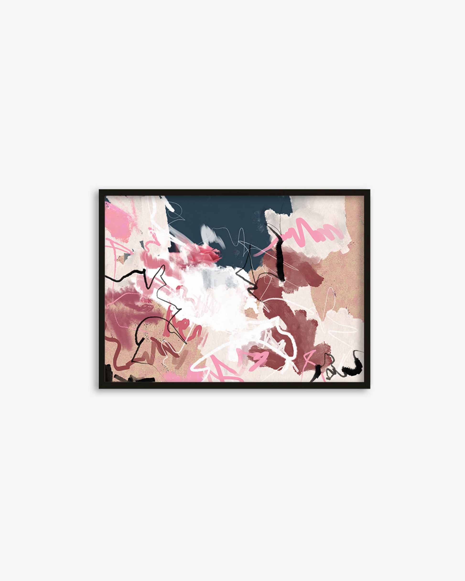 Framed abstract artwork with pink and black design on a white background