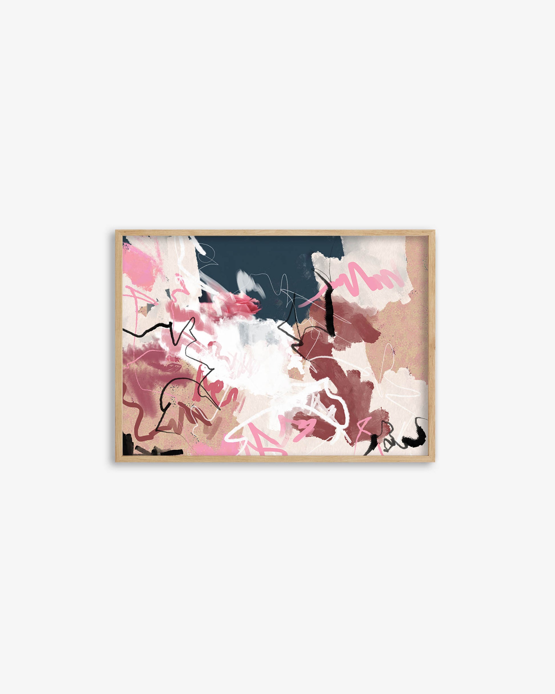 Framed abstract artwork with pink and white patterns on a light gray background