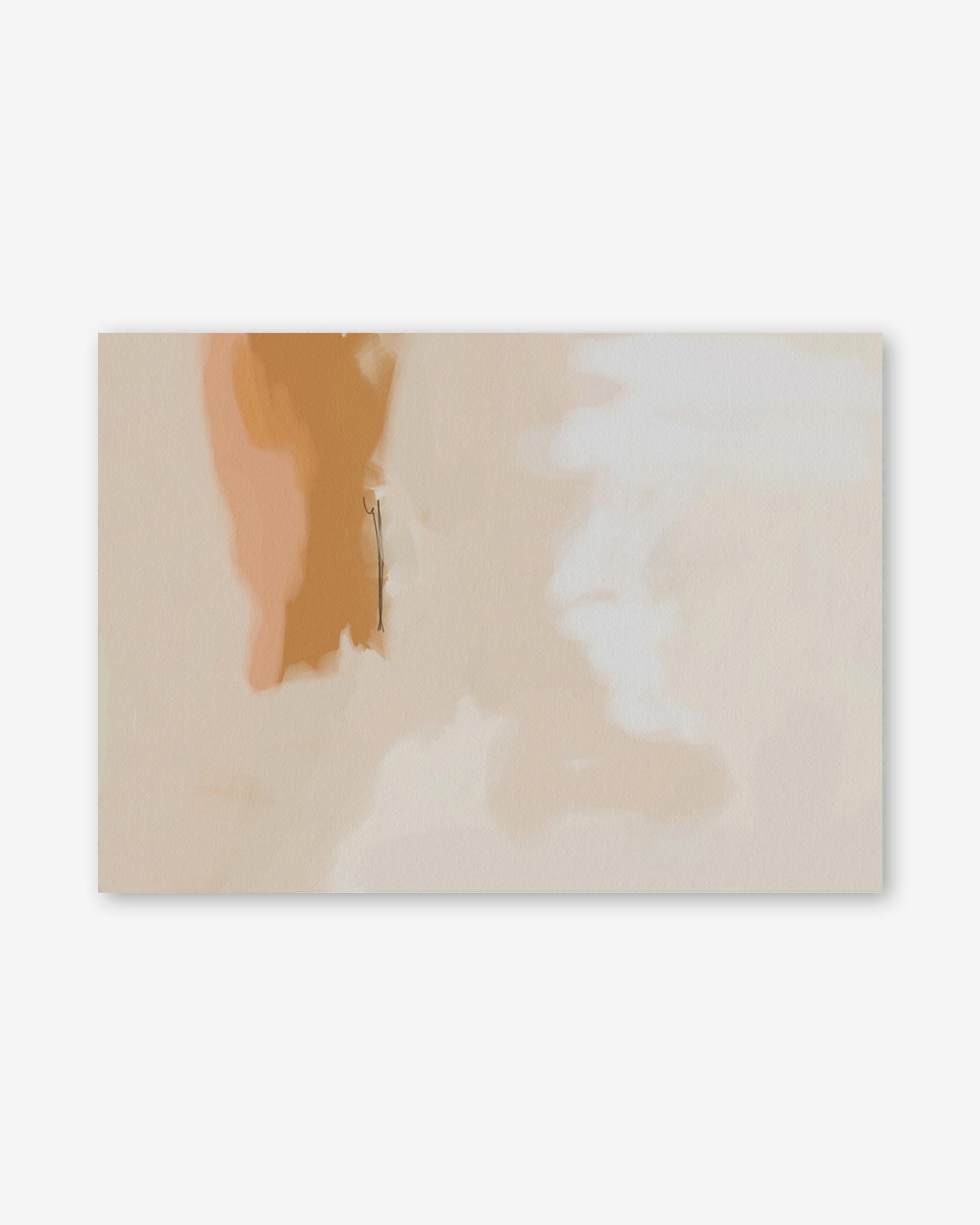 Abstract art piece with soft beige, white, and brown colors on a light gray background
