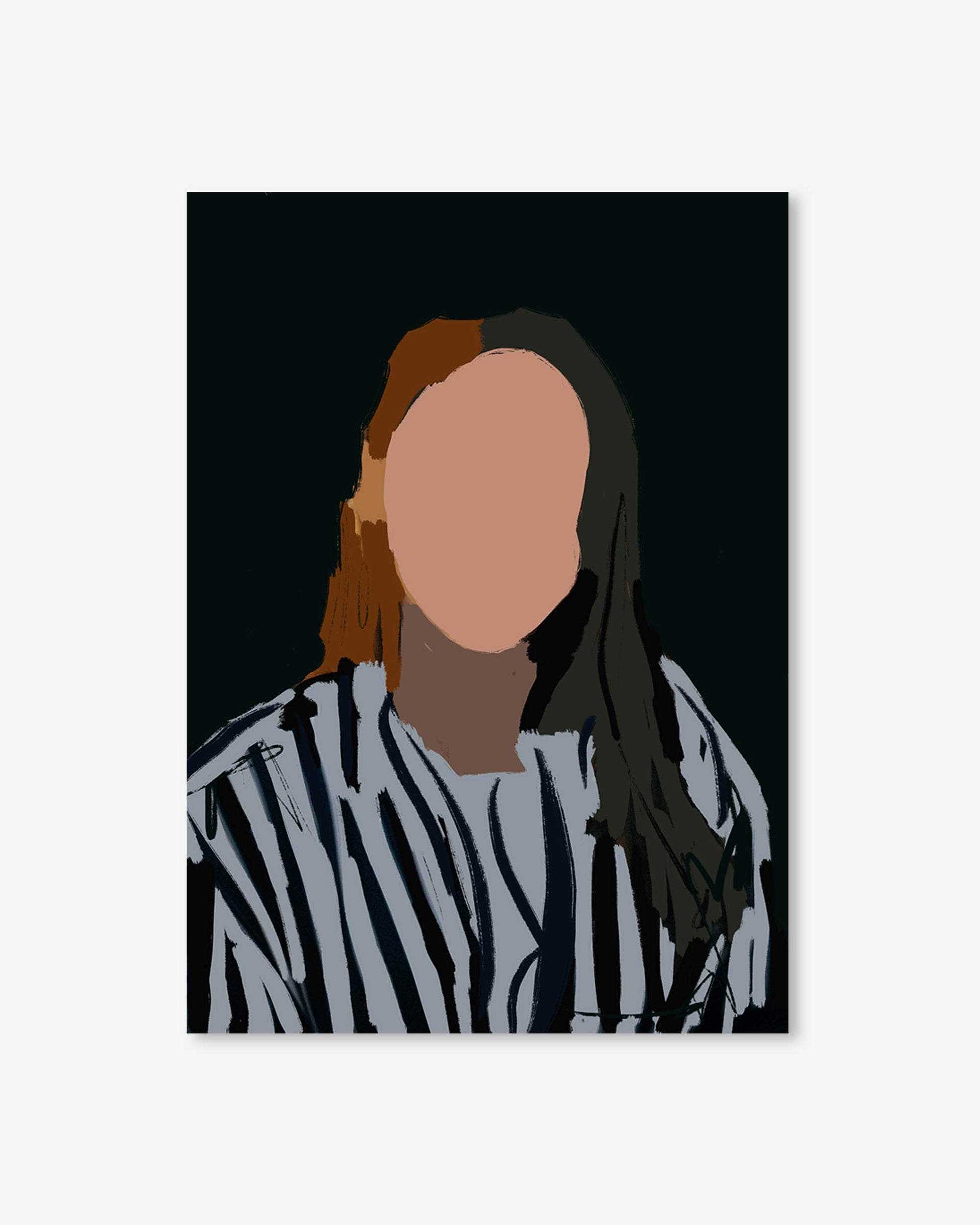 Person wearing a black and white striped shirt with a blurred face on a dark background