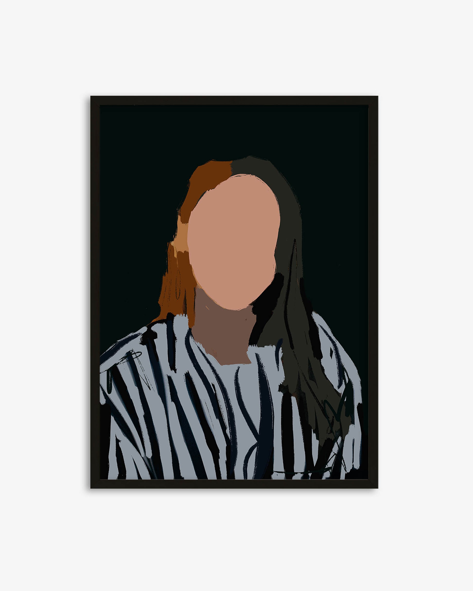 Framed portrait of a person with a blurred face on a black background