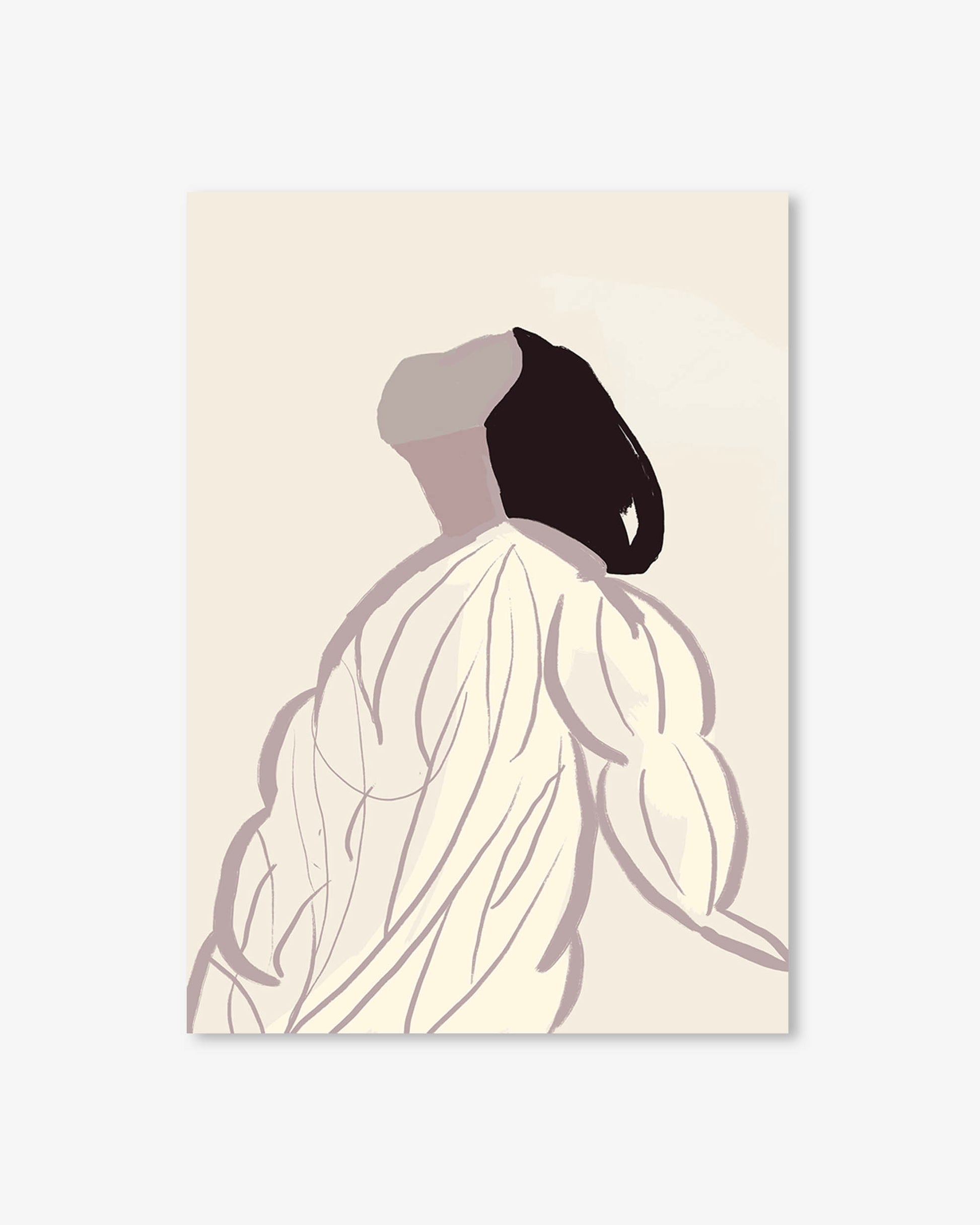 Abstract art of a silhouette with a black head and white garment on a beige background