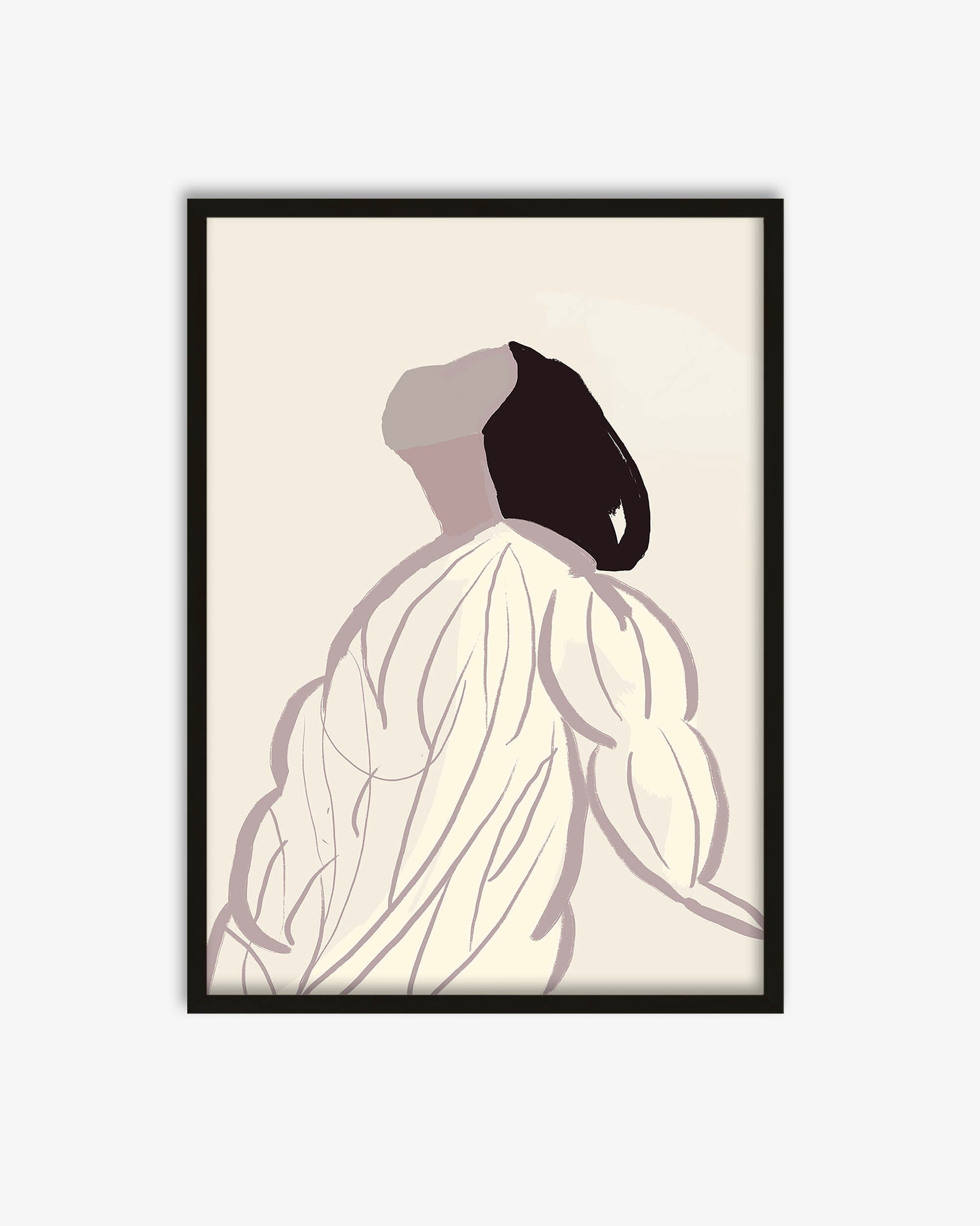 Framed artwork of a stylized silhouette of a person with a headscarf on a beige background