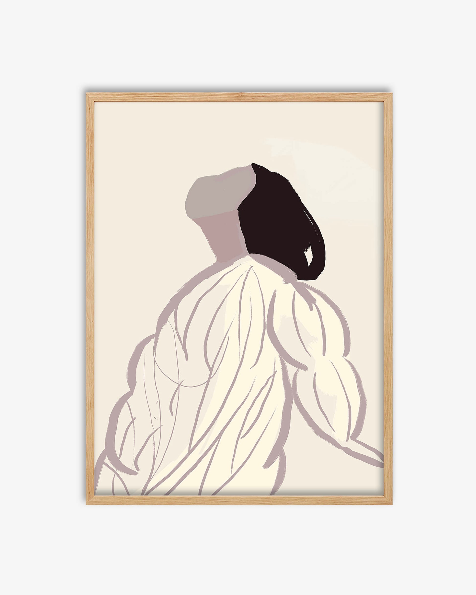 Framed artwork of a stylized silhouette on a beige background