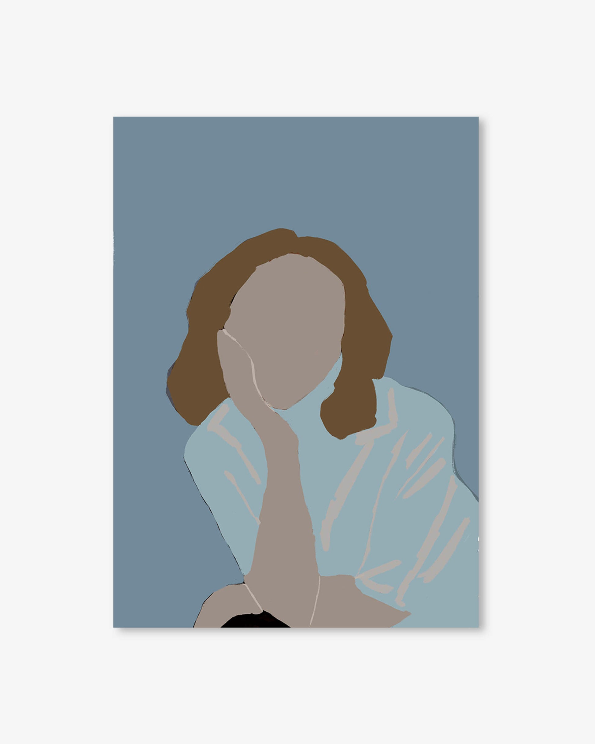 Simplified line art of a person with brown hair on a blue background