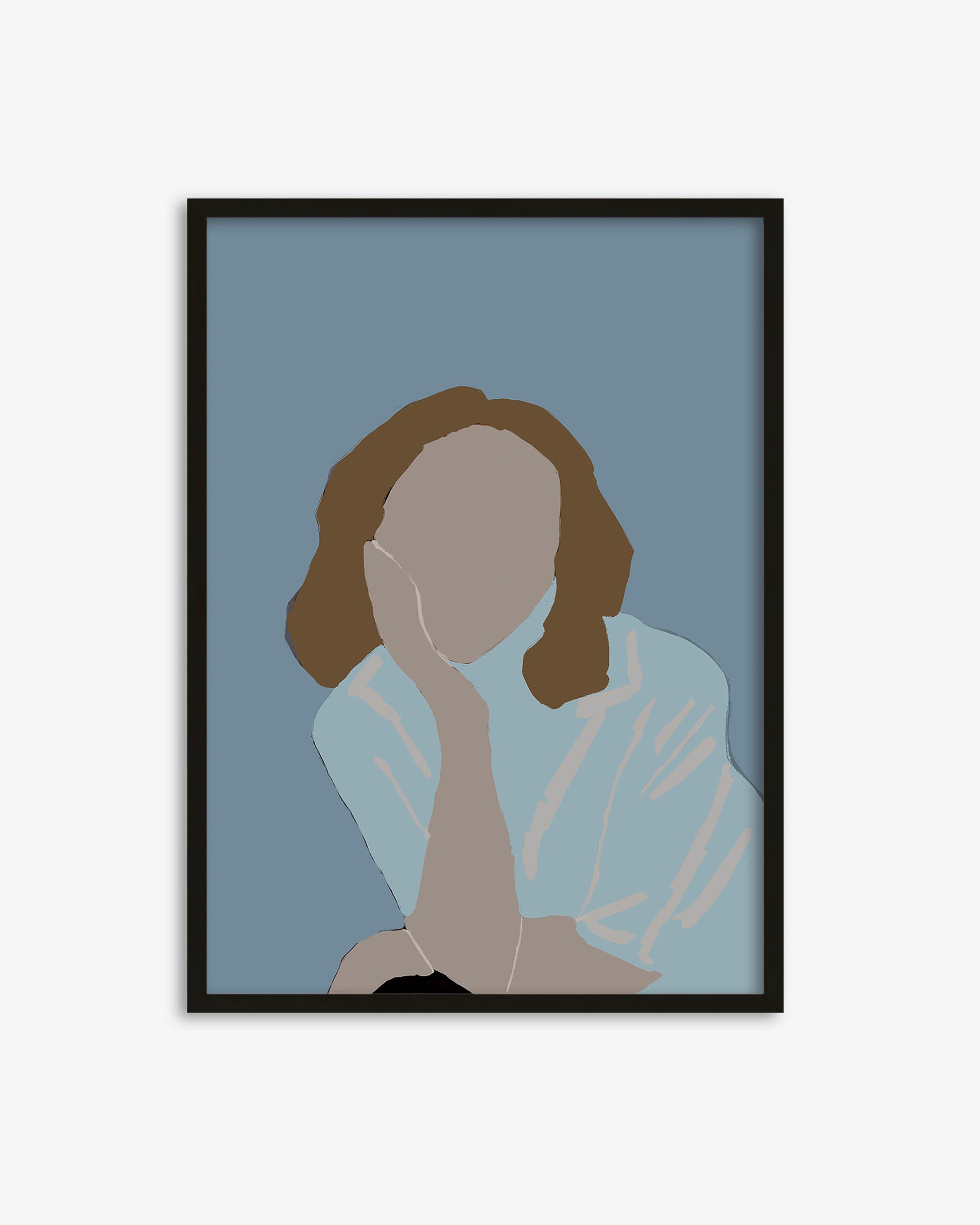 Framed minimalist art print of a woman with brown hair on a blue background