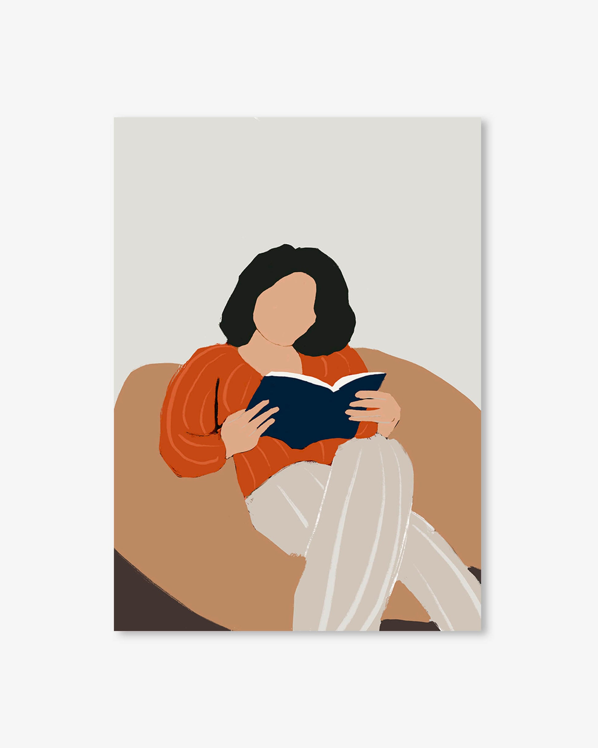 Illustration of a person reading a book on a couch with a minimalistic design.