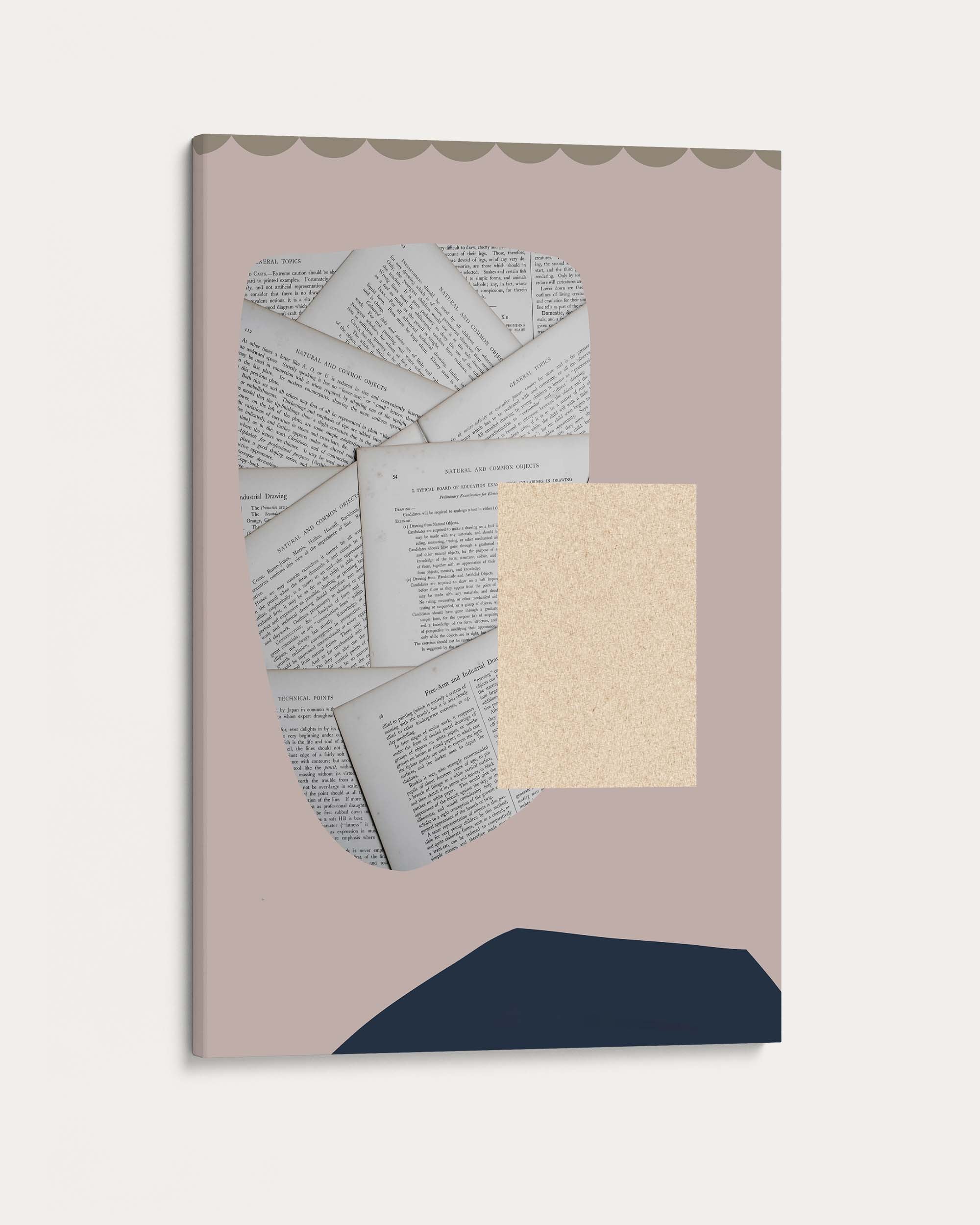 Notebook with a design of open pages and a square piece of paper on a pink background