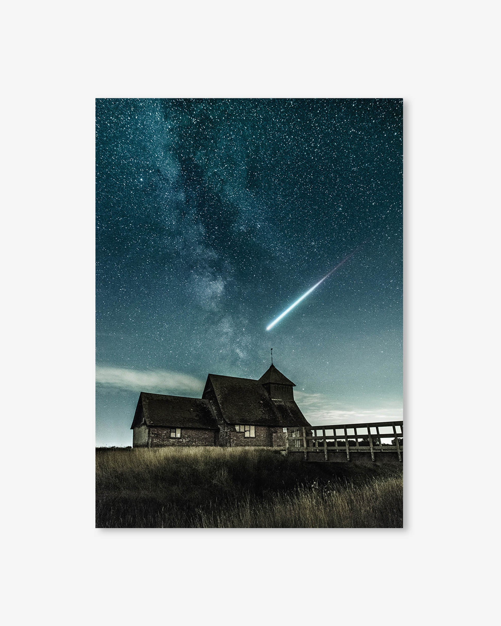 A house under a starry night sky with a comet visible.