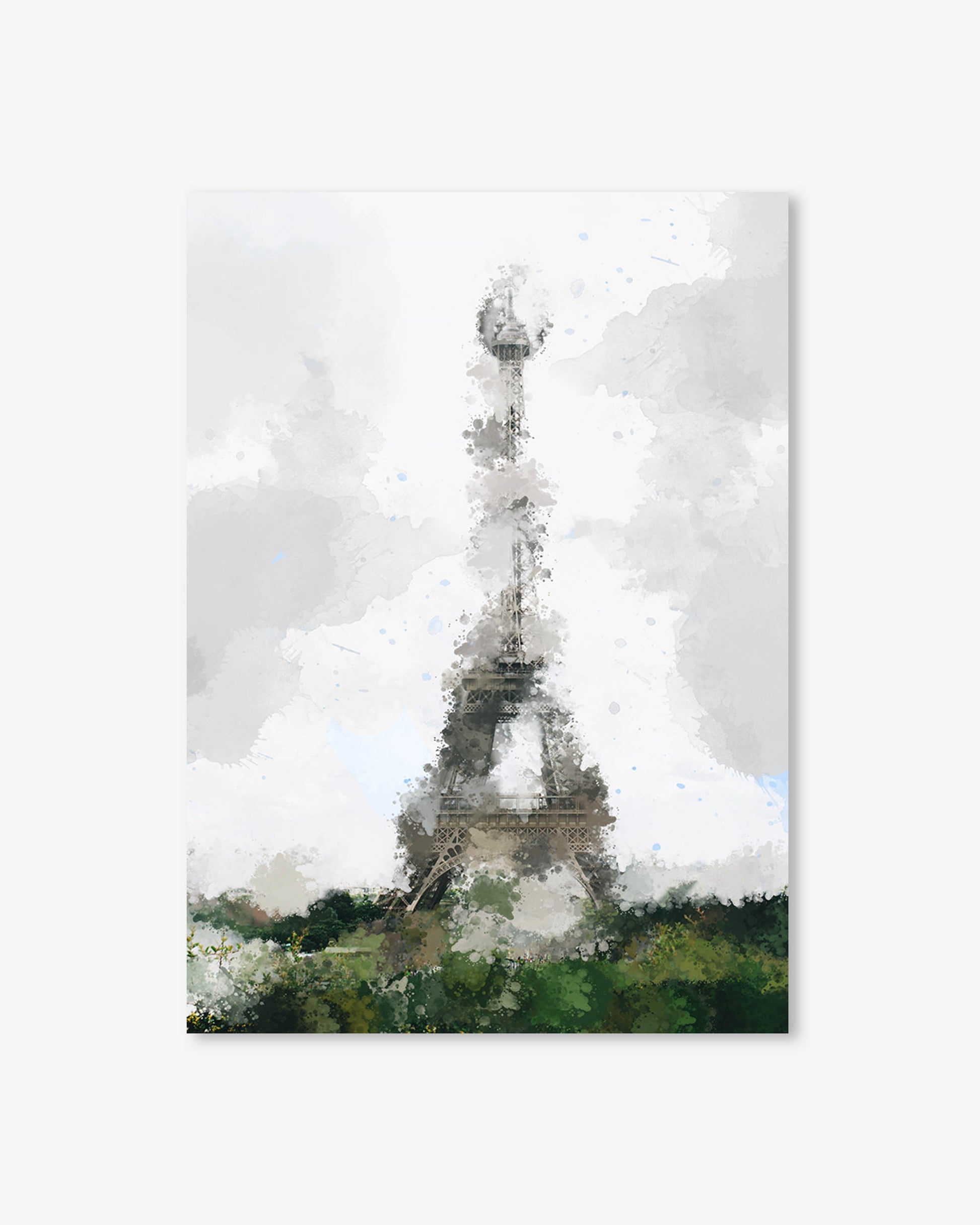 Artistic depiction of the Eiffel Tower with a watercolor texture