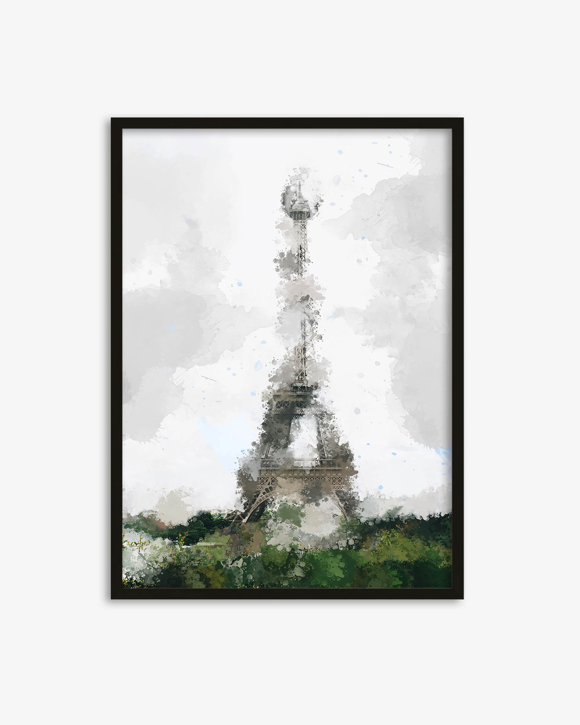 Framed artwork of the Eiffel Tower with a blurred effect on a white background