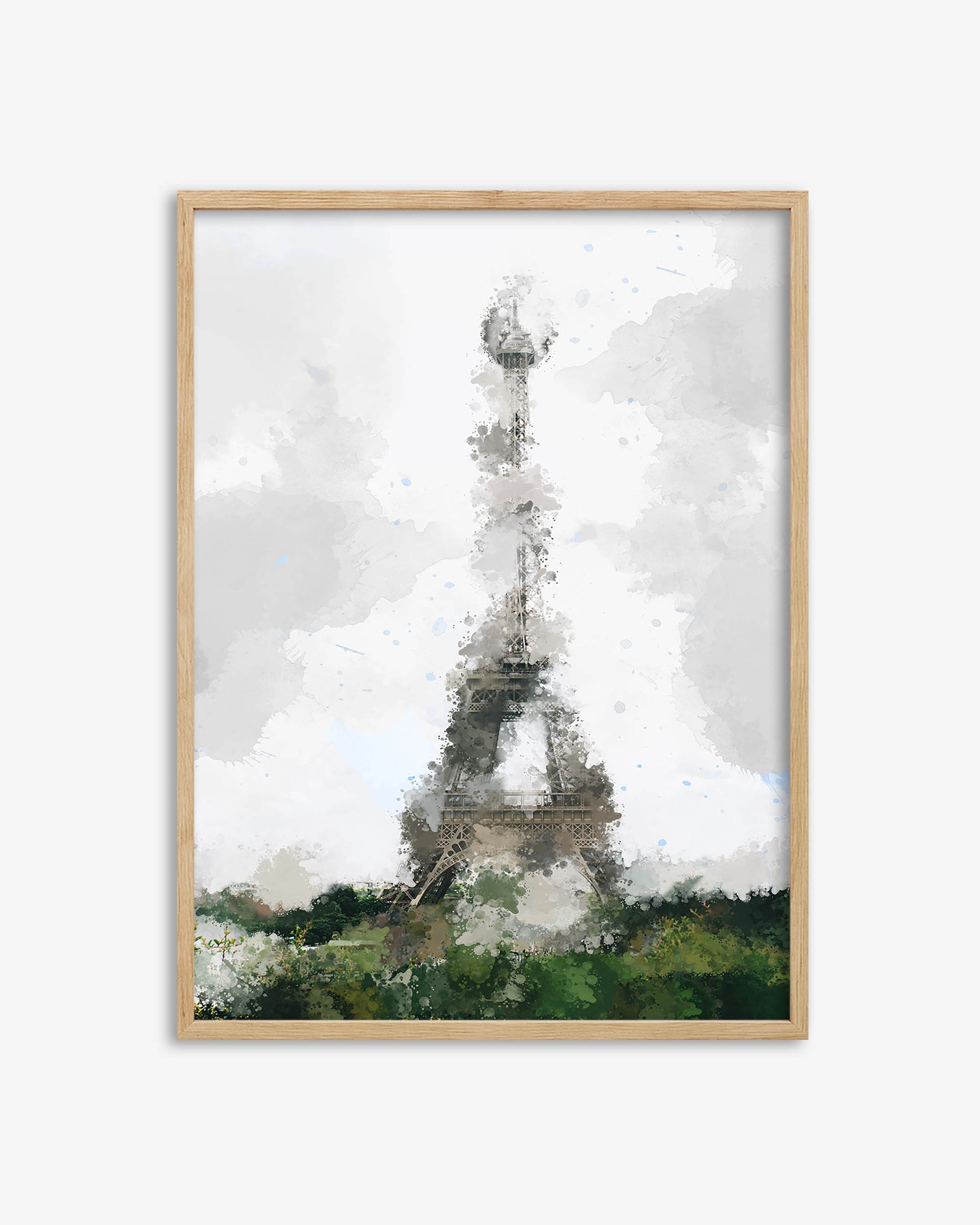 Framed artwork of the Eiffel Tower with a watercolor effect on a white background