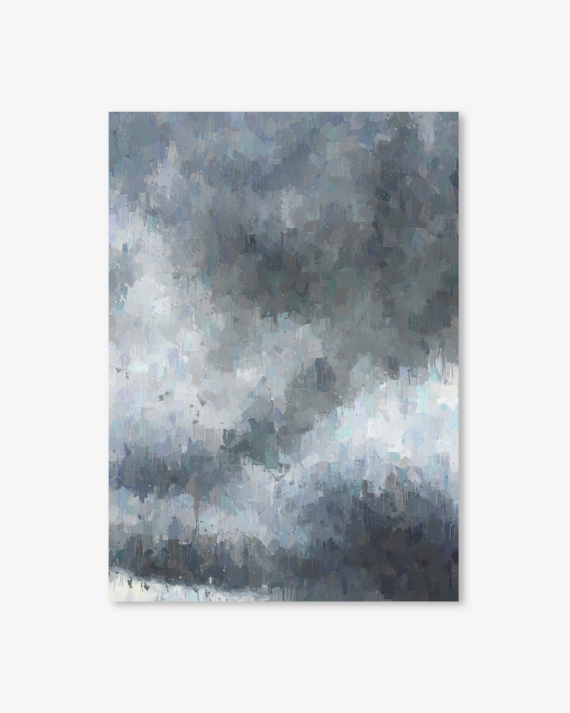 Abstract art print with a gradient of blue, gray, and white on a white background