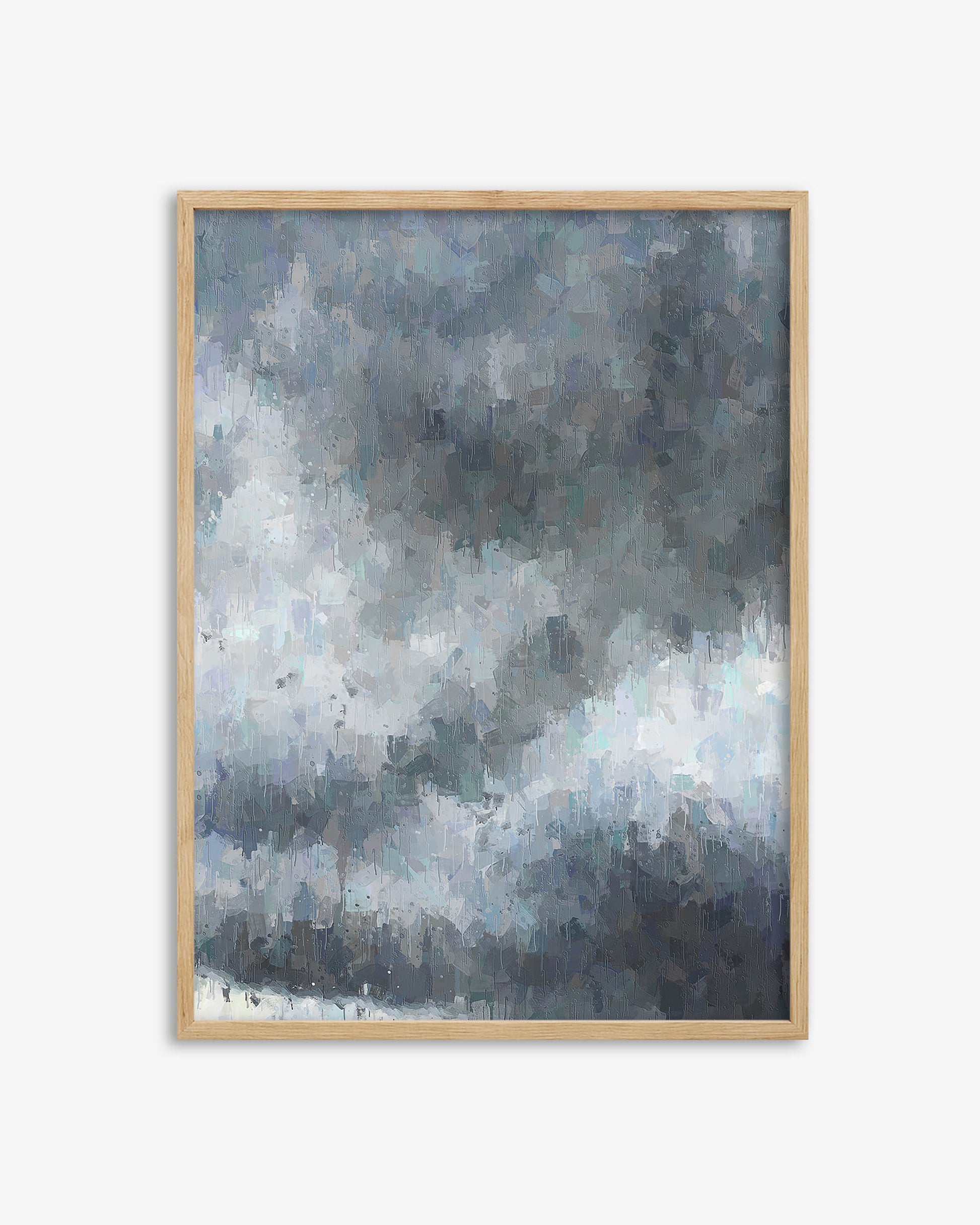 Framed abstract painting with a gradient of blue, gray, and white on a white background