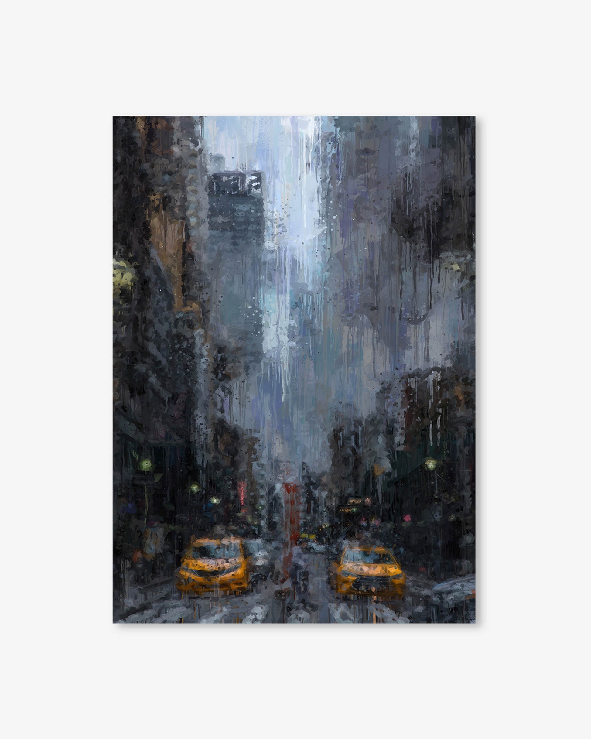 City street scene with yellow taxis and tall buildings in the rain
