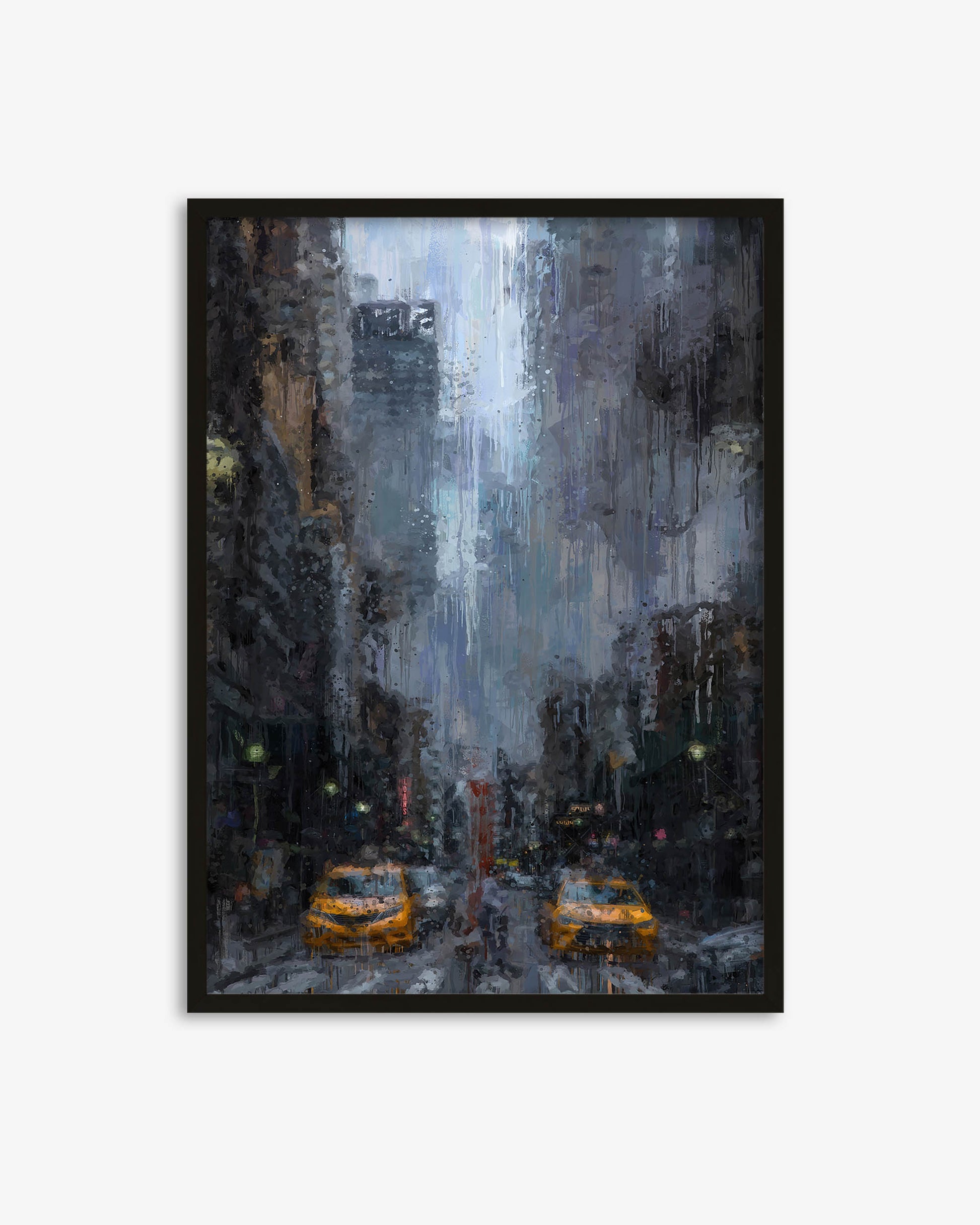 Framed painting of a city street with yellow taxis on a rainy day.