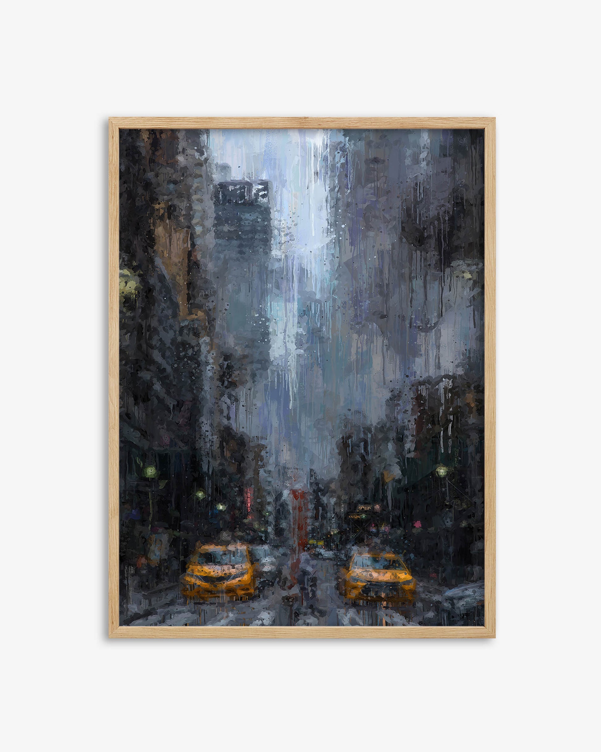 Framed painting of a city street with yellow taxis on a rainy day.