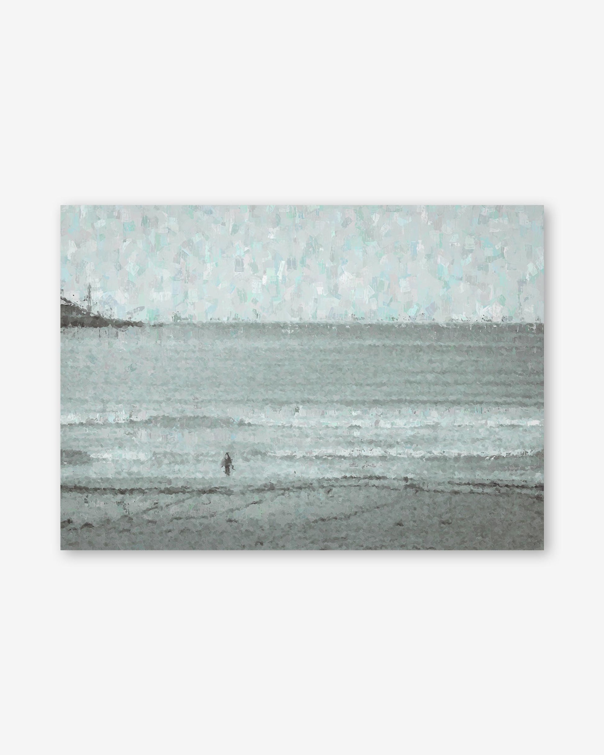 Person walking on a beach with a textured watercolor effect