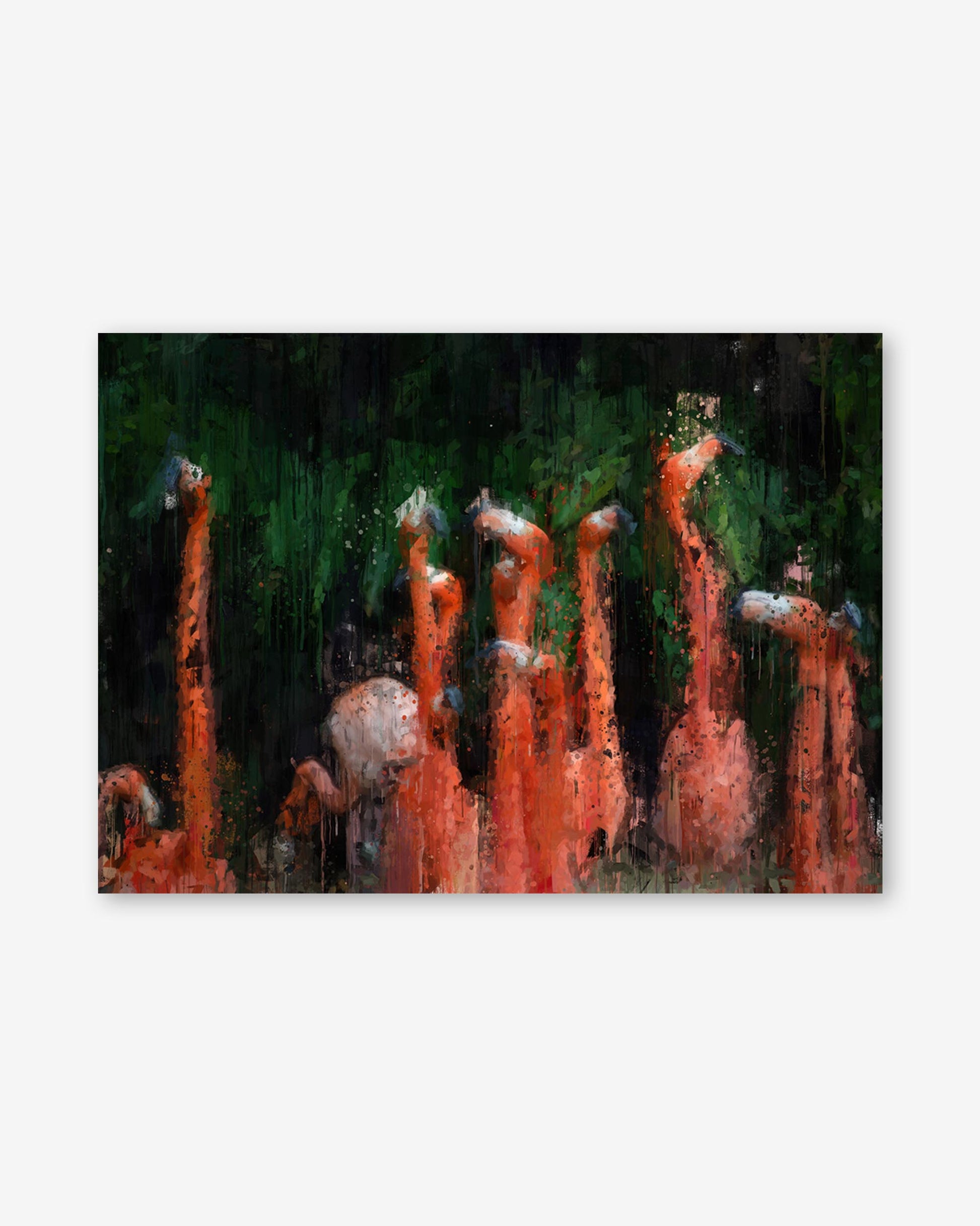 Artistic depiction of orange tree trunks against a dark background