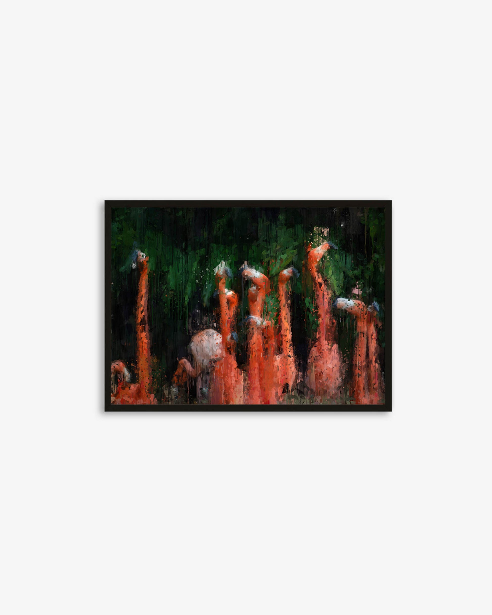 Framed artwork of flamingos on a white background
